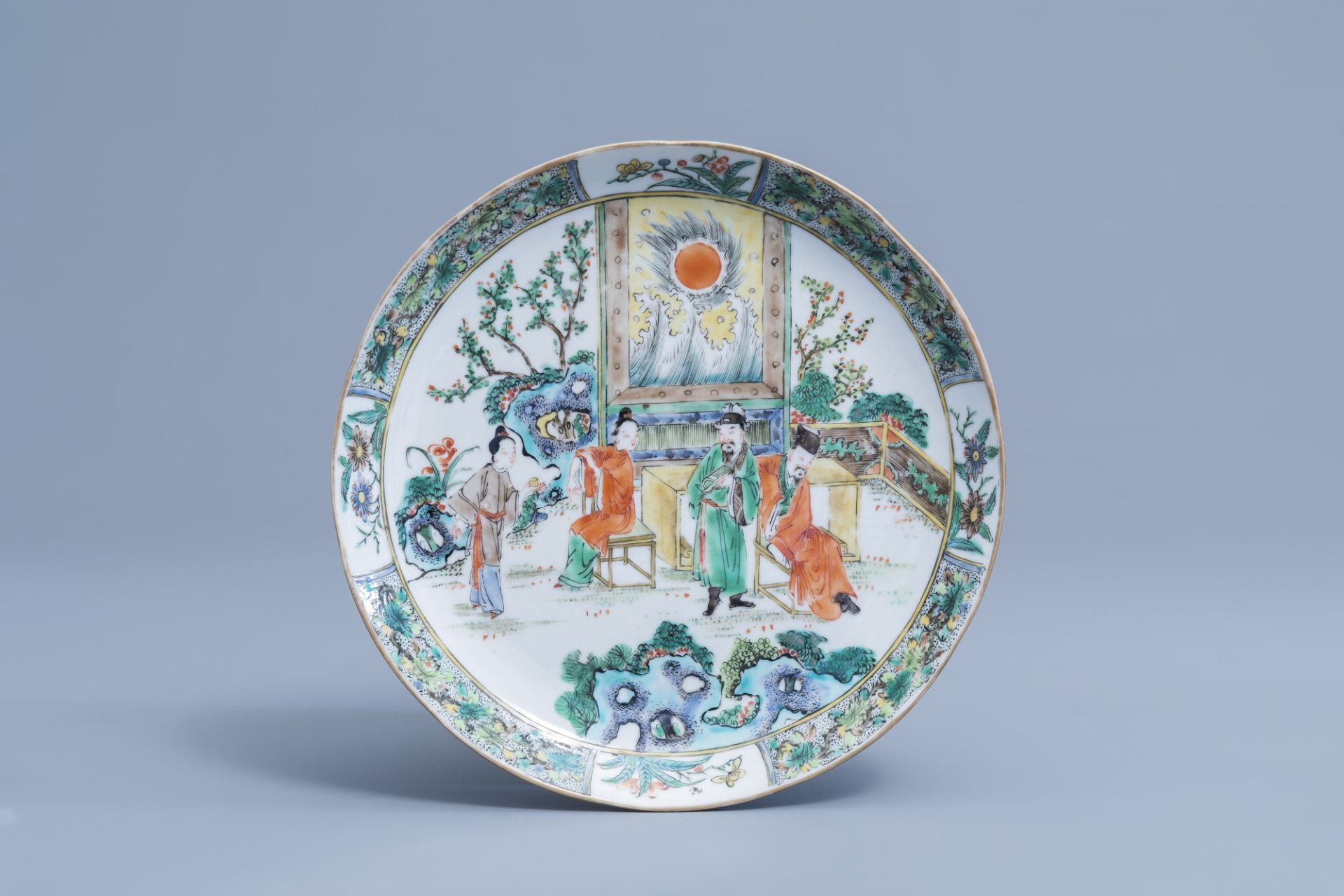 Two Chinese Canton famille verte plates with figures on a terrace, 19th C. - Image 2 of 5