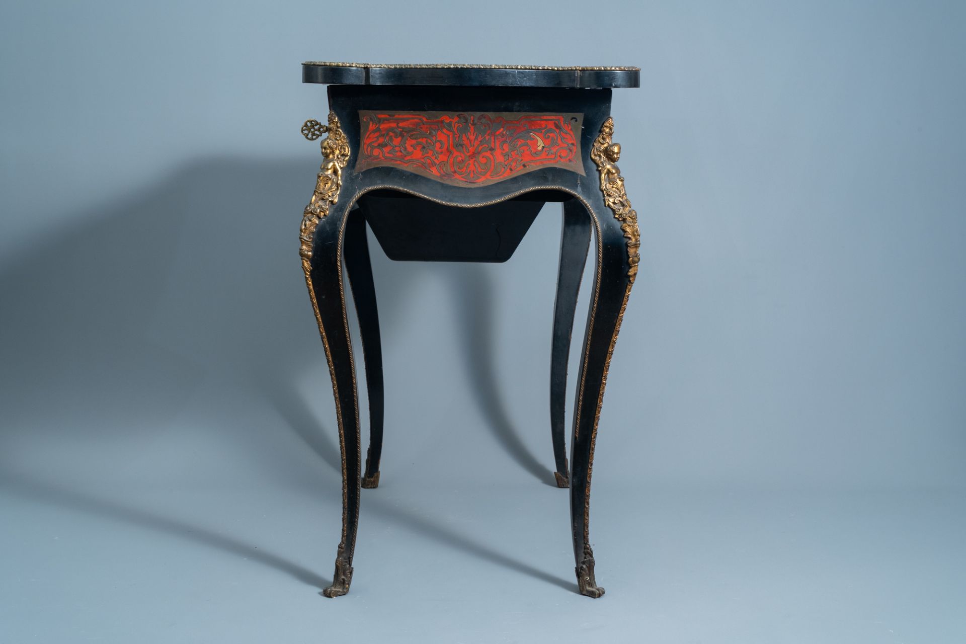 A French Historicism gilt mounted and brass marquetry sewing table, L. Grade F. - R(ue) Castex 9, 19 - Image 5 of 13