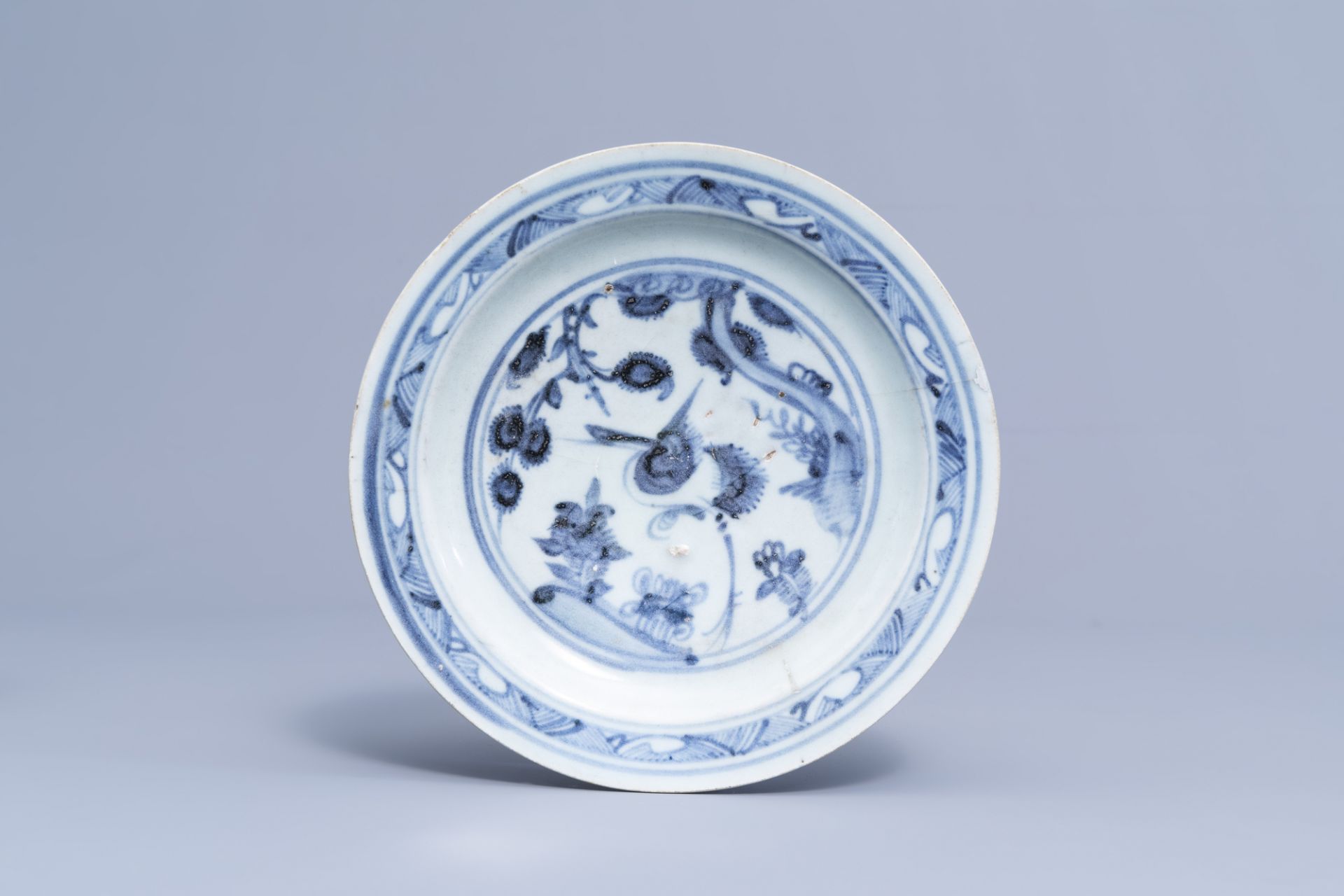 Two Chinese blue and white plates with a mythical creature, Ming - Image 4 of 6