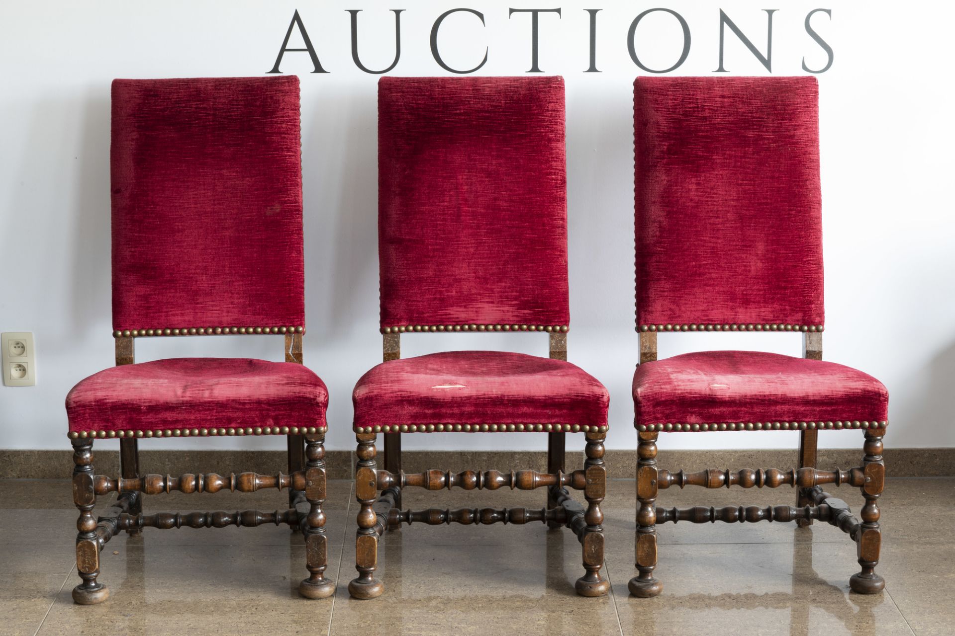 Six Dutch wooden chairs with red velvet upholstery, mainly 19th C. - Image 8 of 13