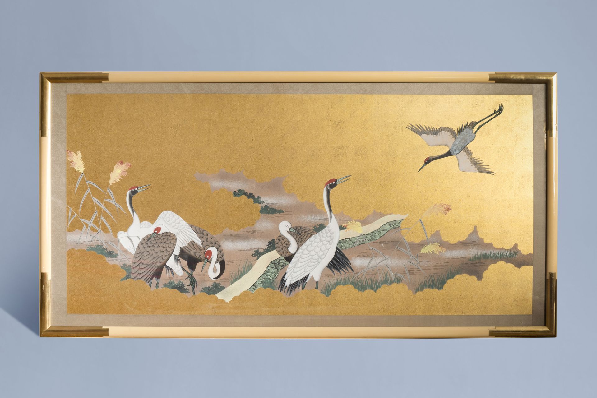 Japanese school, mixed media, 20th C.: Cranes in a landscape - Image 2 of 5