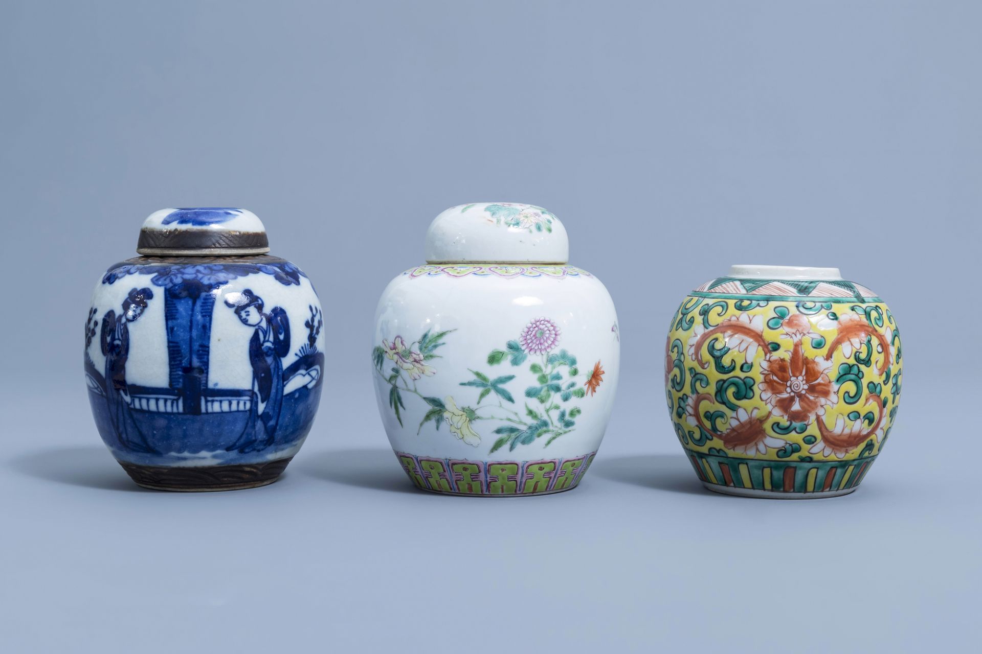 Seven various Chinese famille rose, famille verte, blue and white jars, 19th/20th C. - Image 18 of 25