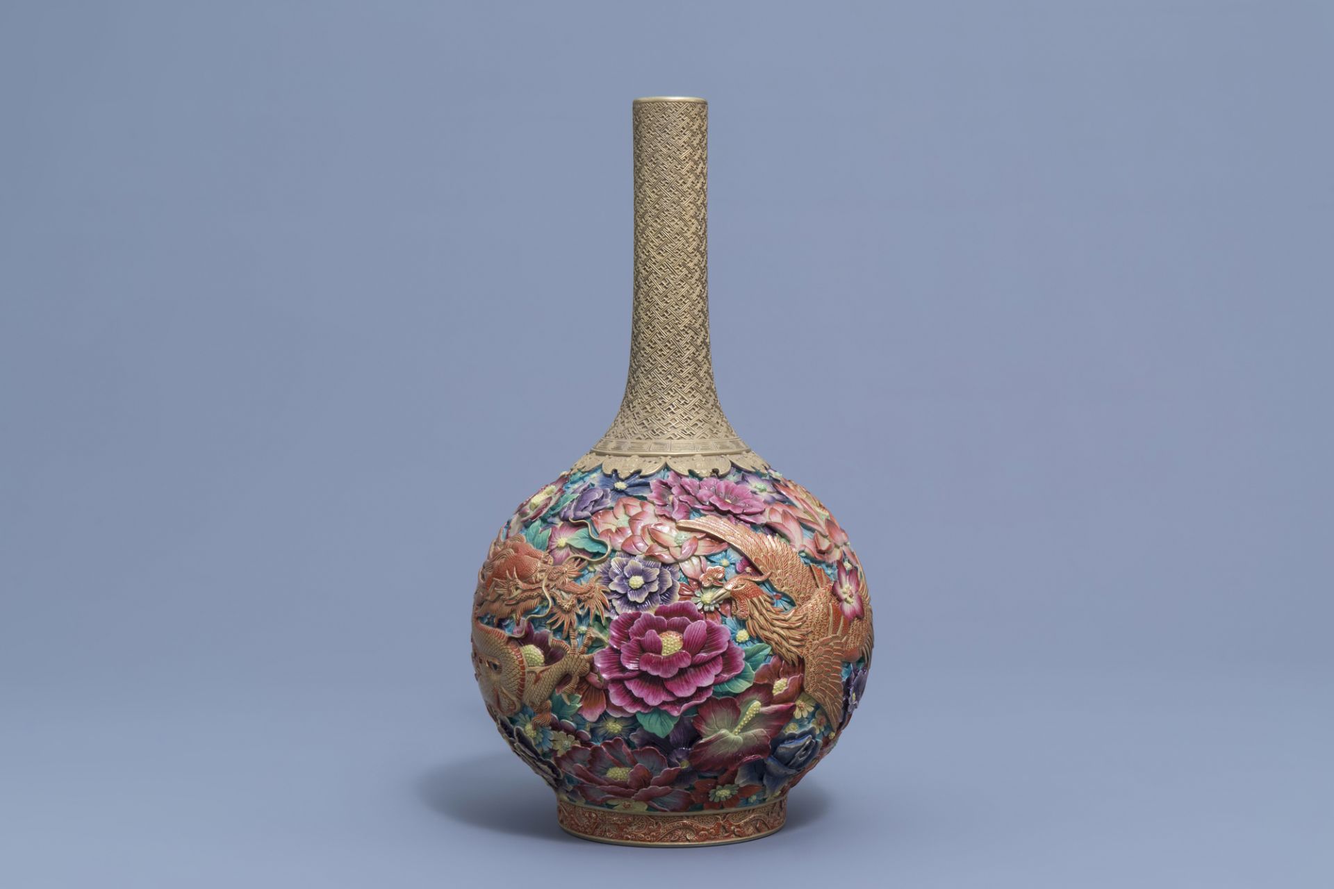 A Chinese famille rose 'dragon and phoenix' bottle vase, Qianlong mark, 20th C.
