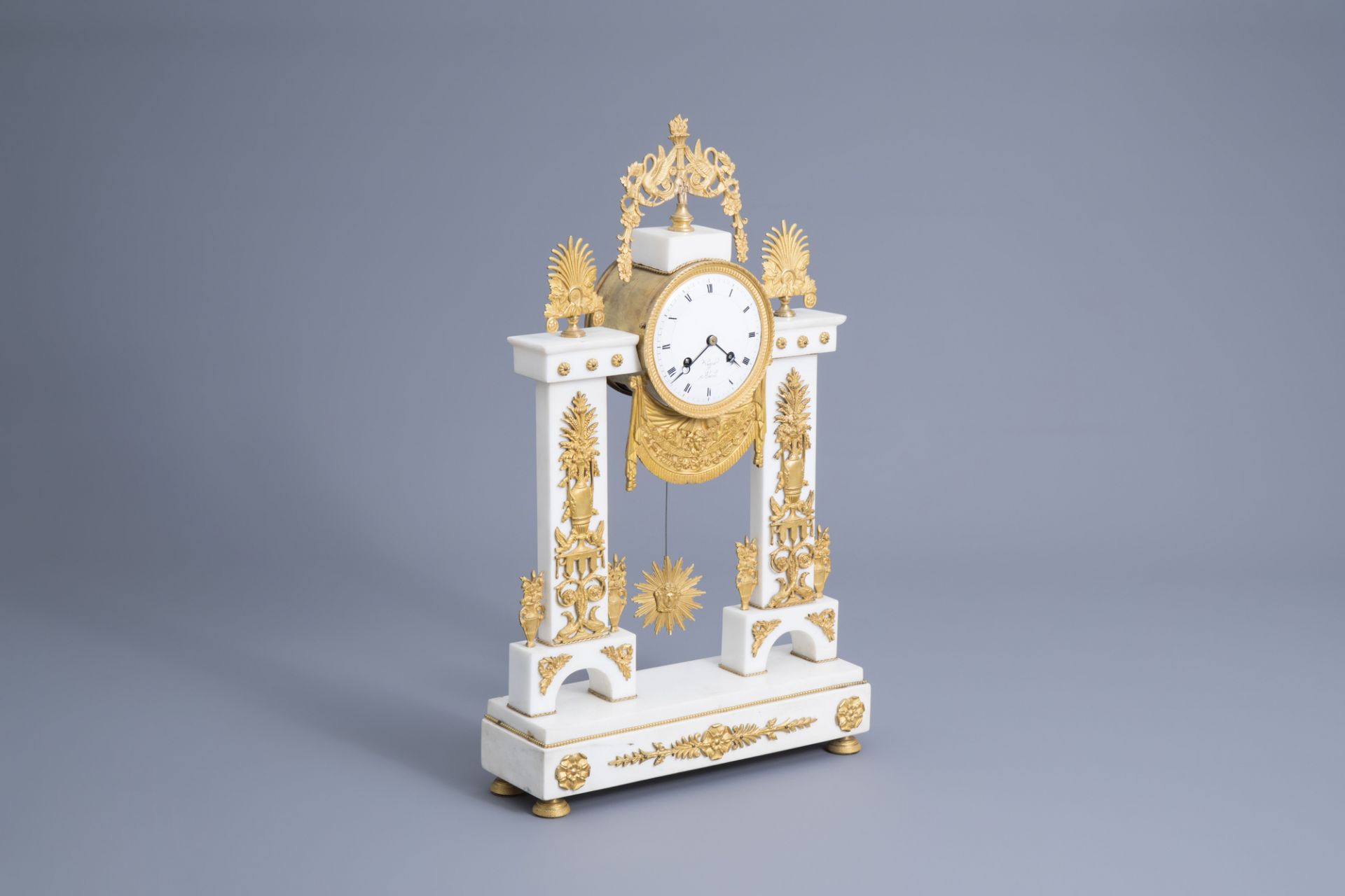 A French Neoclassical gilt bronze mounted white marble portico clock, ca. 1800 - Image 8 of 8