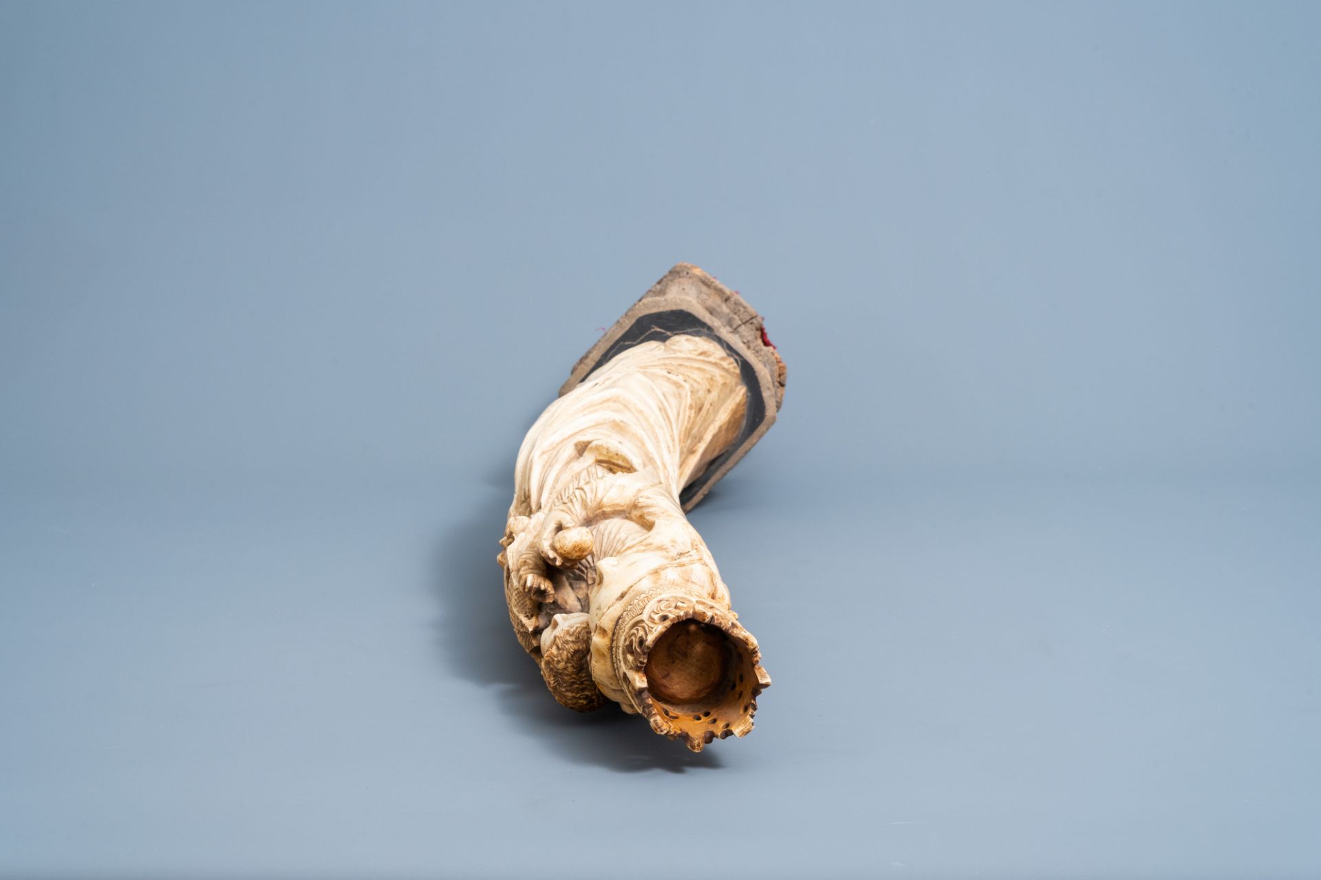 A French Gothic revival carved ivory group of Madonna and Child on an oak wooden base, probably atel - Image 5 of 6