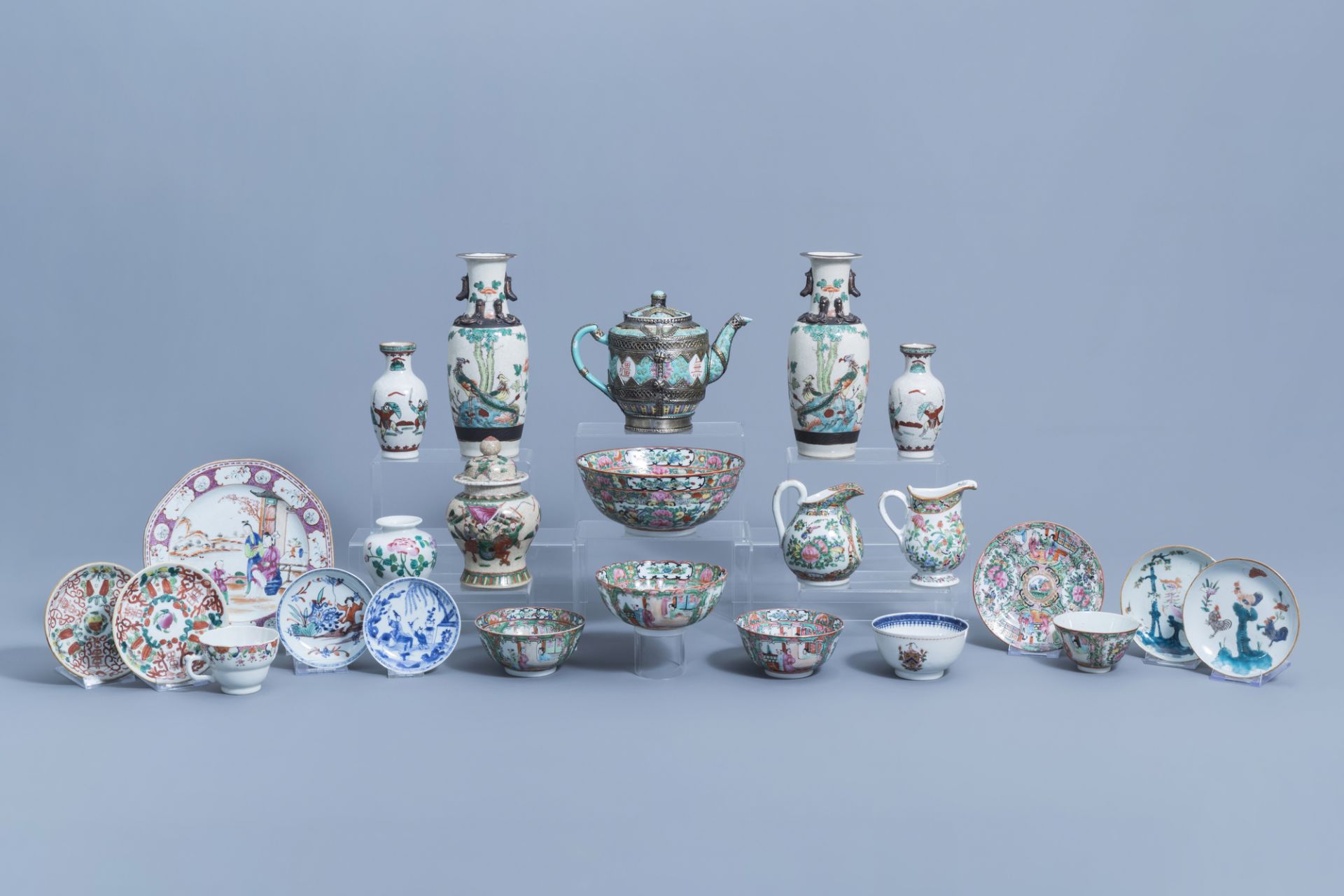A varied collection of Chinese famille rose, verte, blue & white porcelain, 18th C. & later