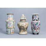 Three various Chinese Canton and Nanking crackle glazed famille rose and verte vases, 19th C.