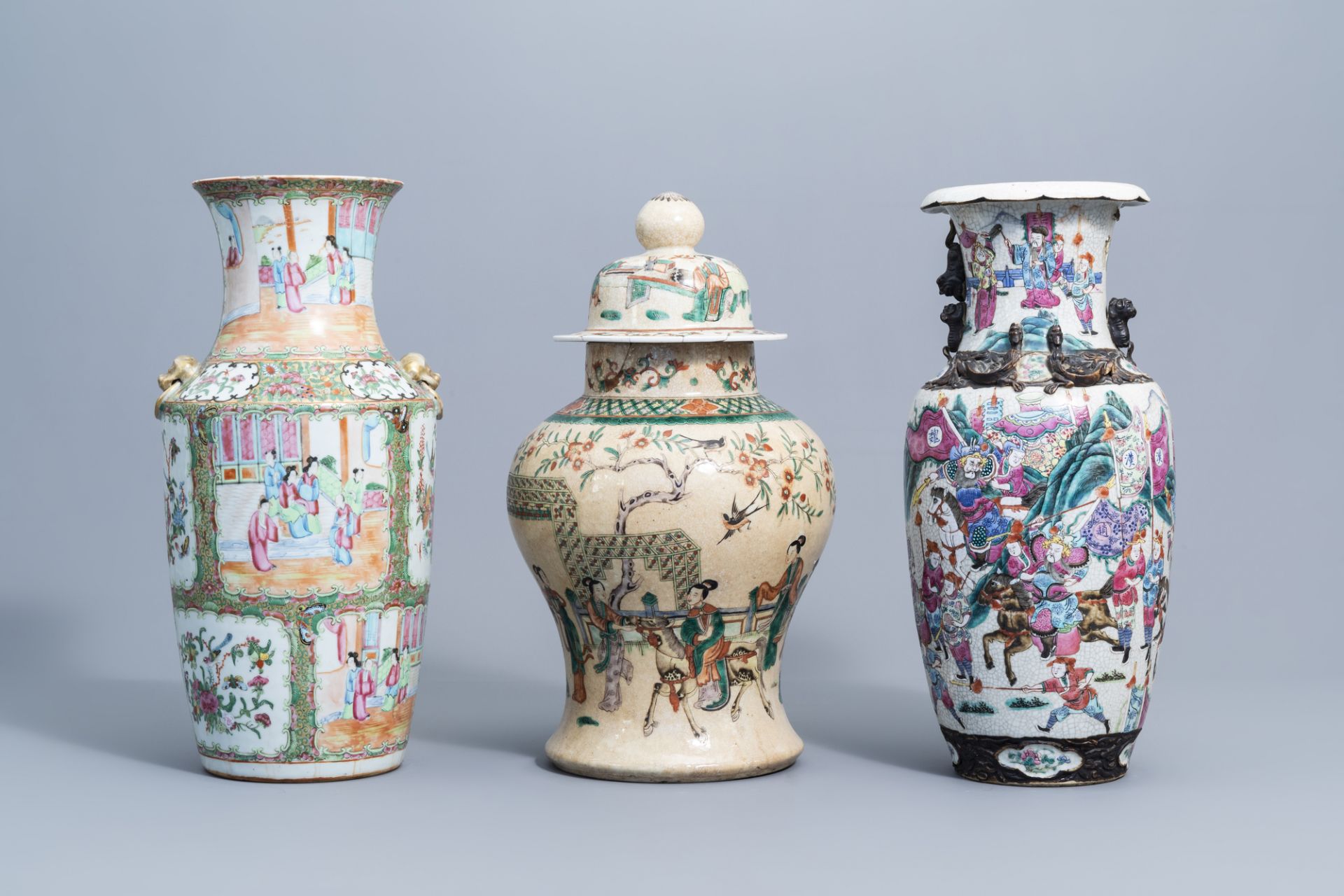 Three various Chinese Canton and Nanking crackle glazed famille rose and verte vases, 19th C.