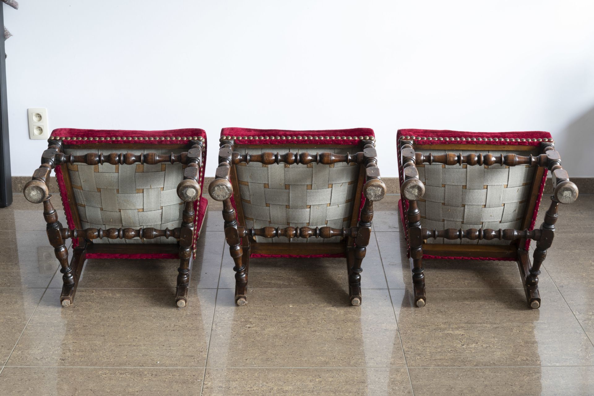 Six Dutch wooden chairs with red velvet upholstery, mainly 19th C. - Image 13 of 13