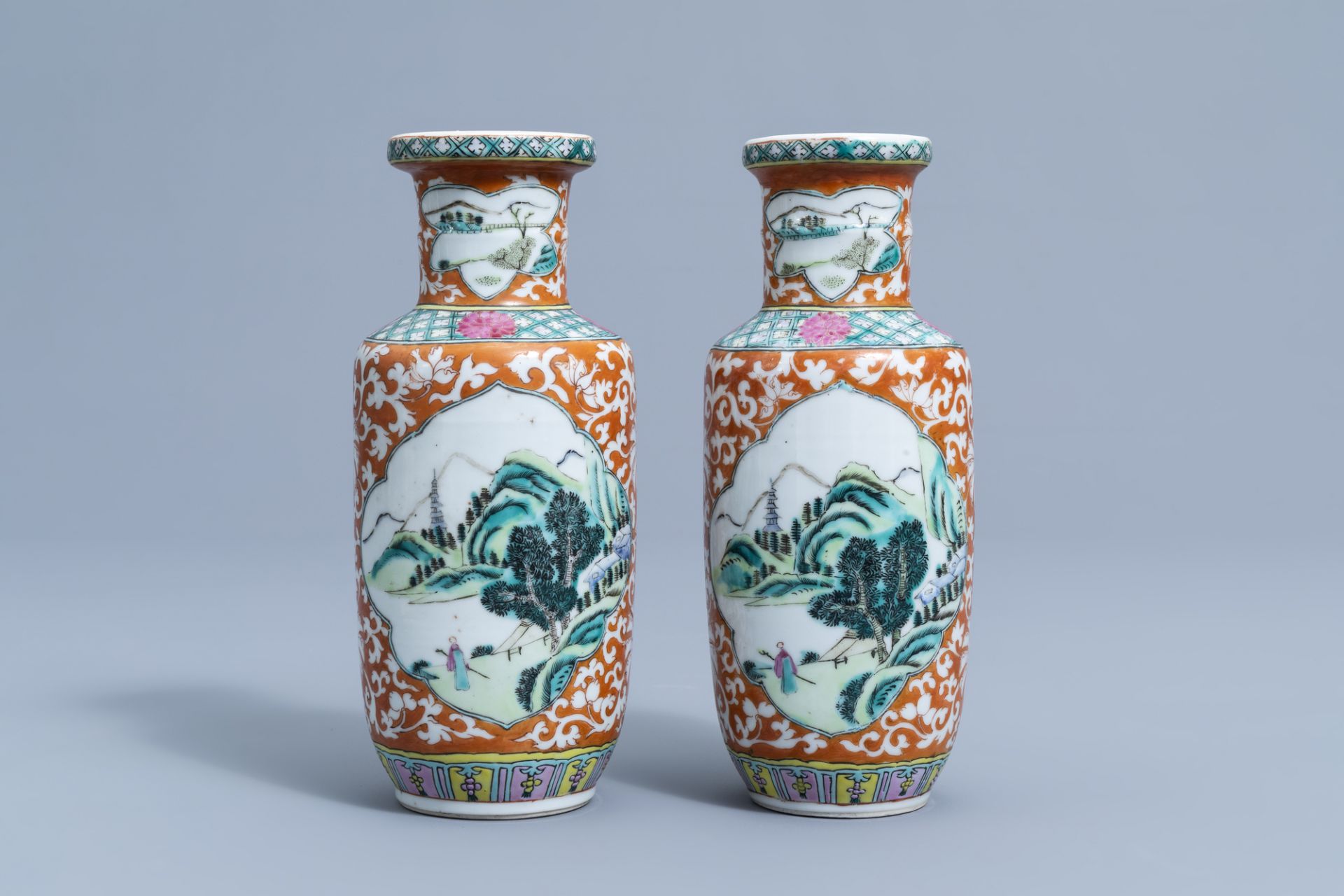 A pair of Chinese famille rose vases with animated river landscapes, 19th C. - Image 3 of 6