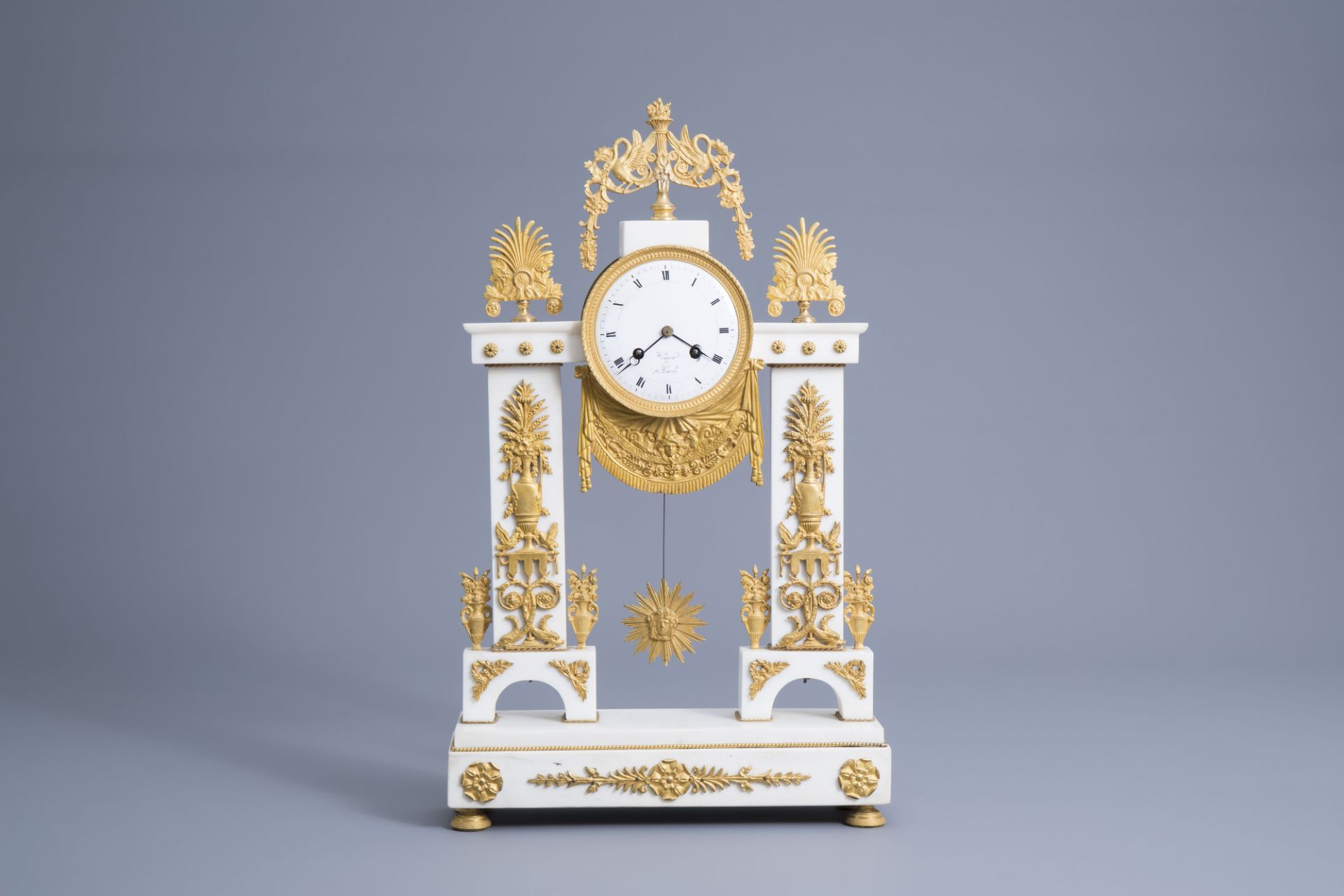A French Neoclassical gilt bronze mounted white marble portico clock, ca. 1800