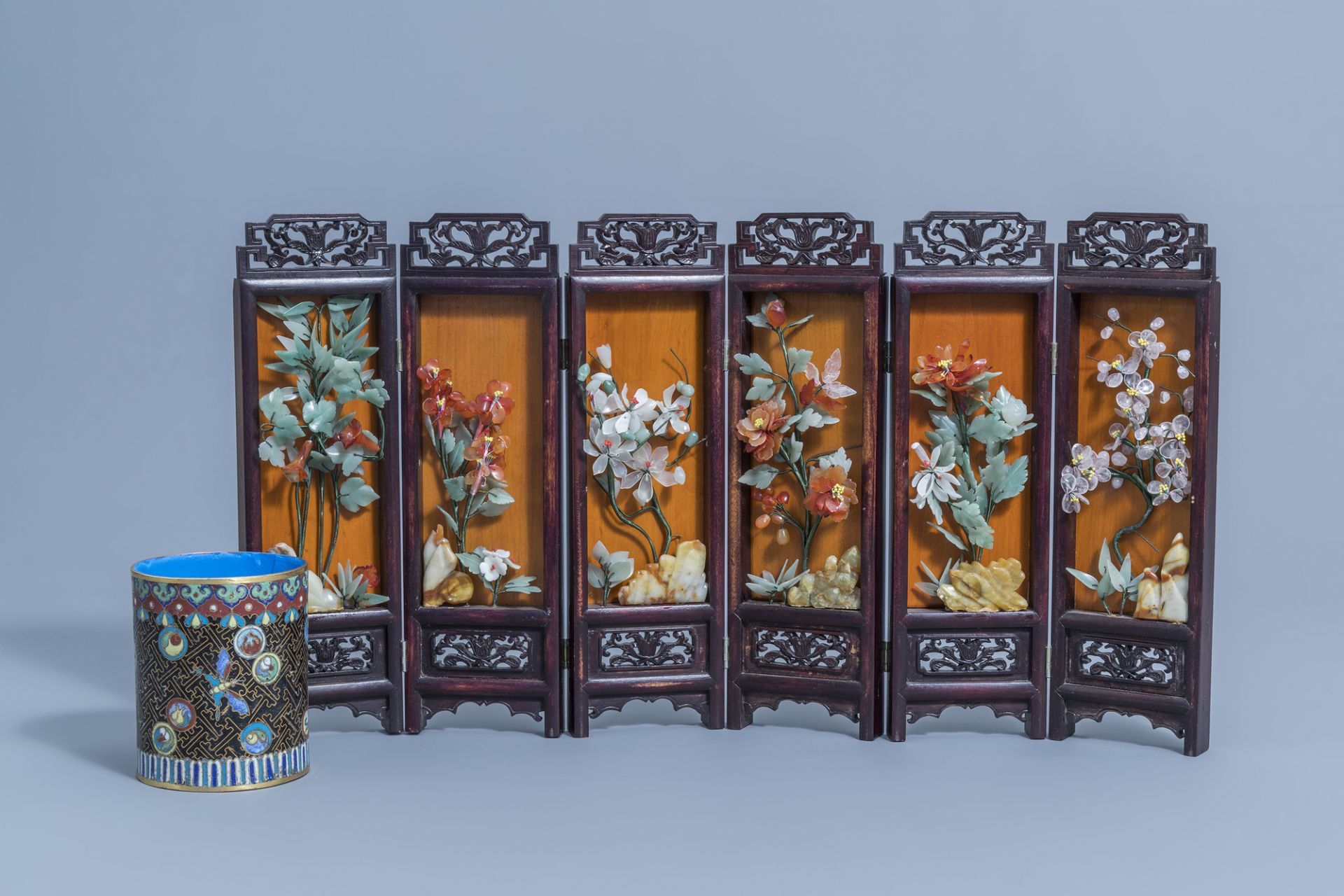 A Chinese cloisonne brush pot and a six-fold table screen with floral design, 20th C.