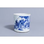 A large Chinese blue and white brush pot with figures and Immortals in a landscape, 19th/20th C.