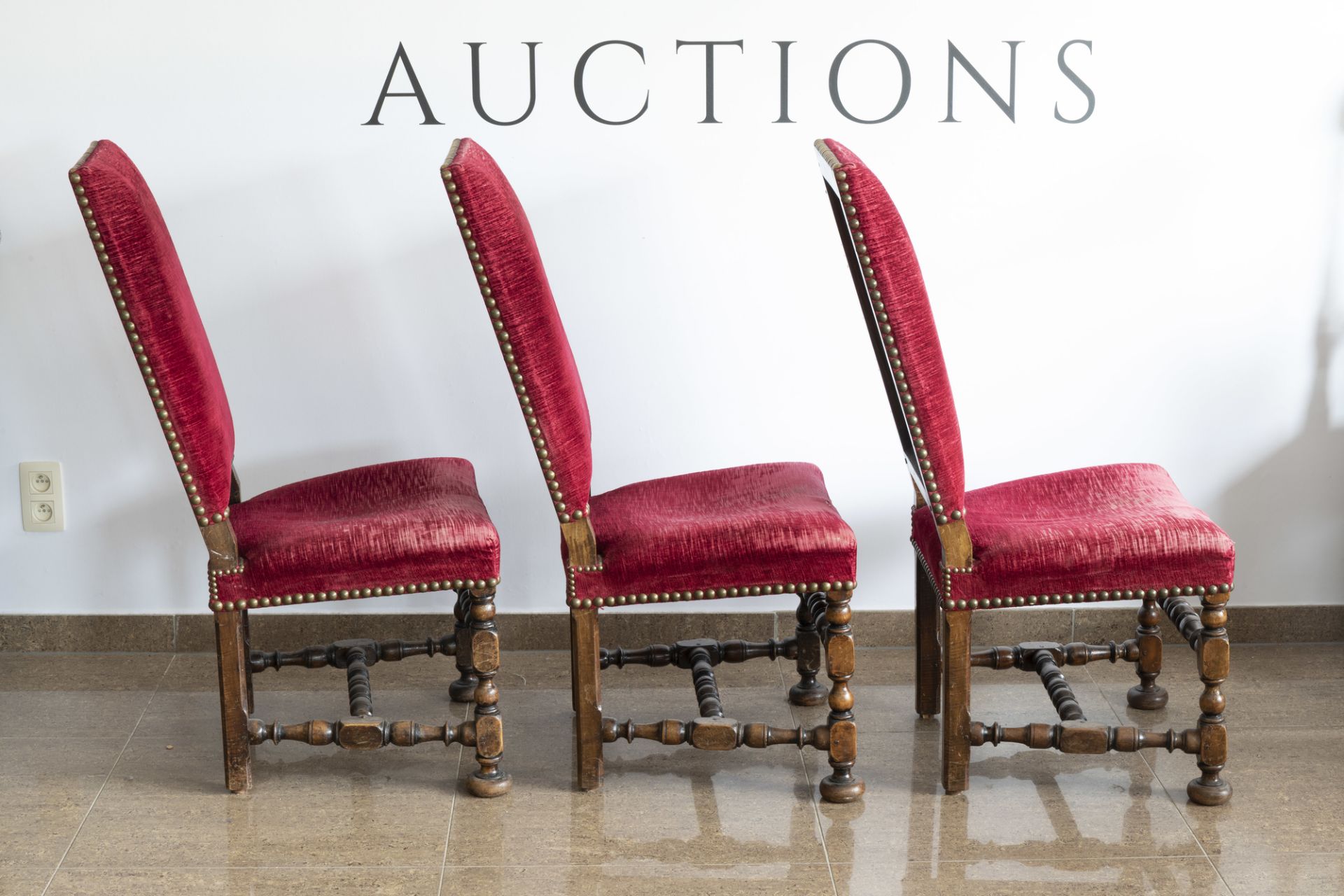 Six Dutch wooden chairs with red velvet upholstery, mainly 19th C. - Image 9 of 13