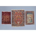 Three Persian Bidjar, Bakhtiari and Kerman pictorial rugs with floral design and figures, wool on co
