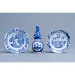 A Chinese blue and white double gourd vase with antiquities design and two plates with figurative de