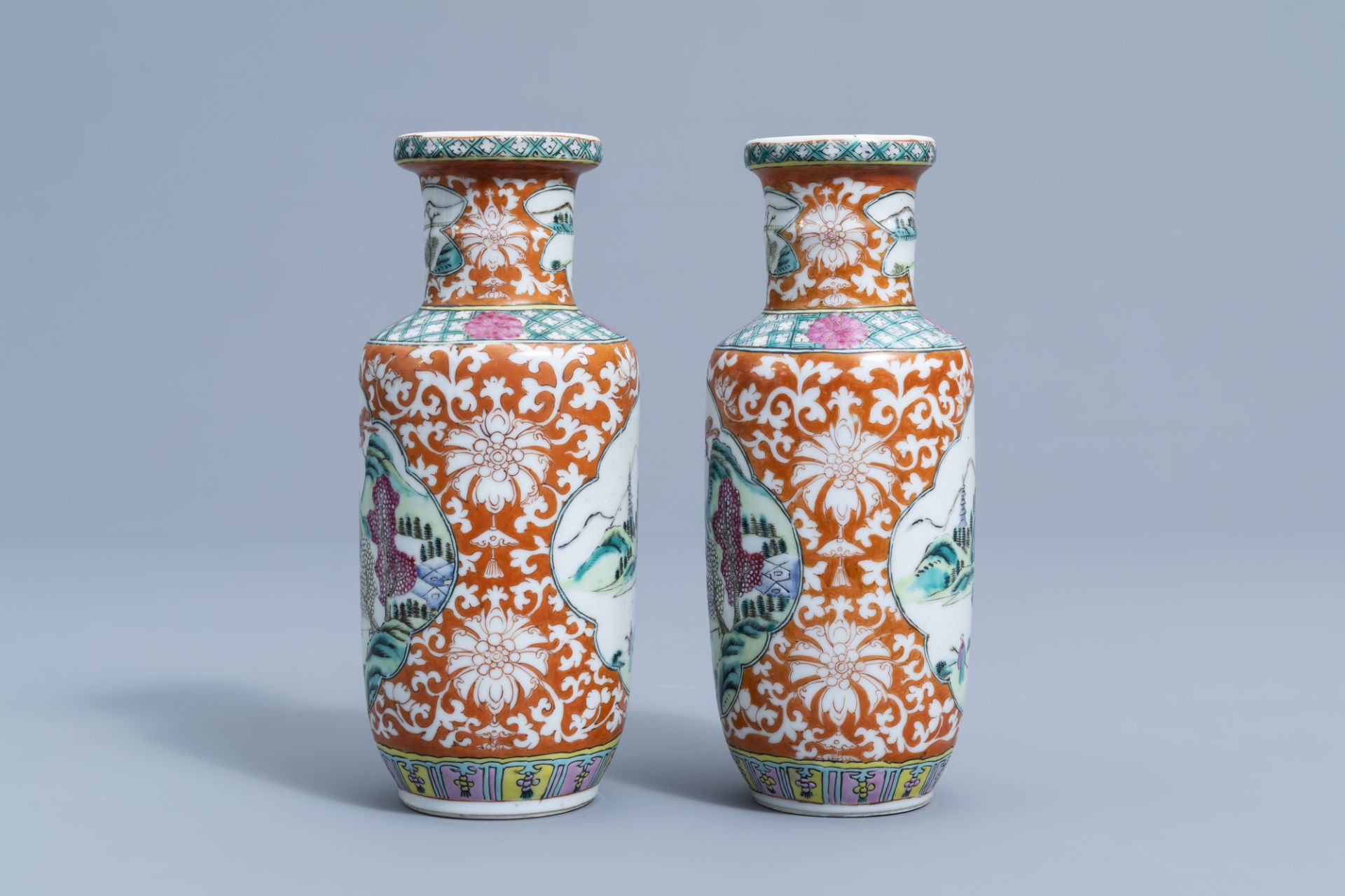 A pair of Chinese famille rose vases with animated river landscapes, 19th C. - Image 4 of 6