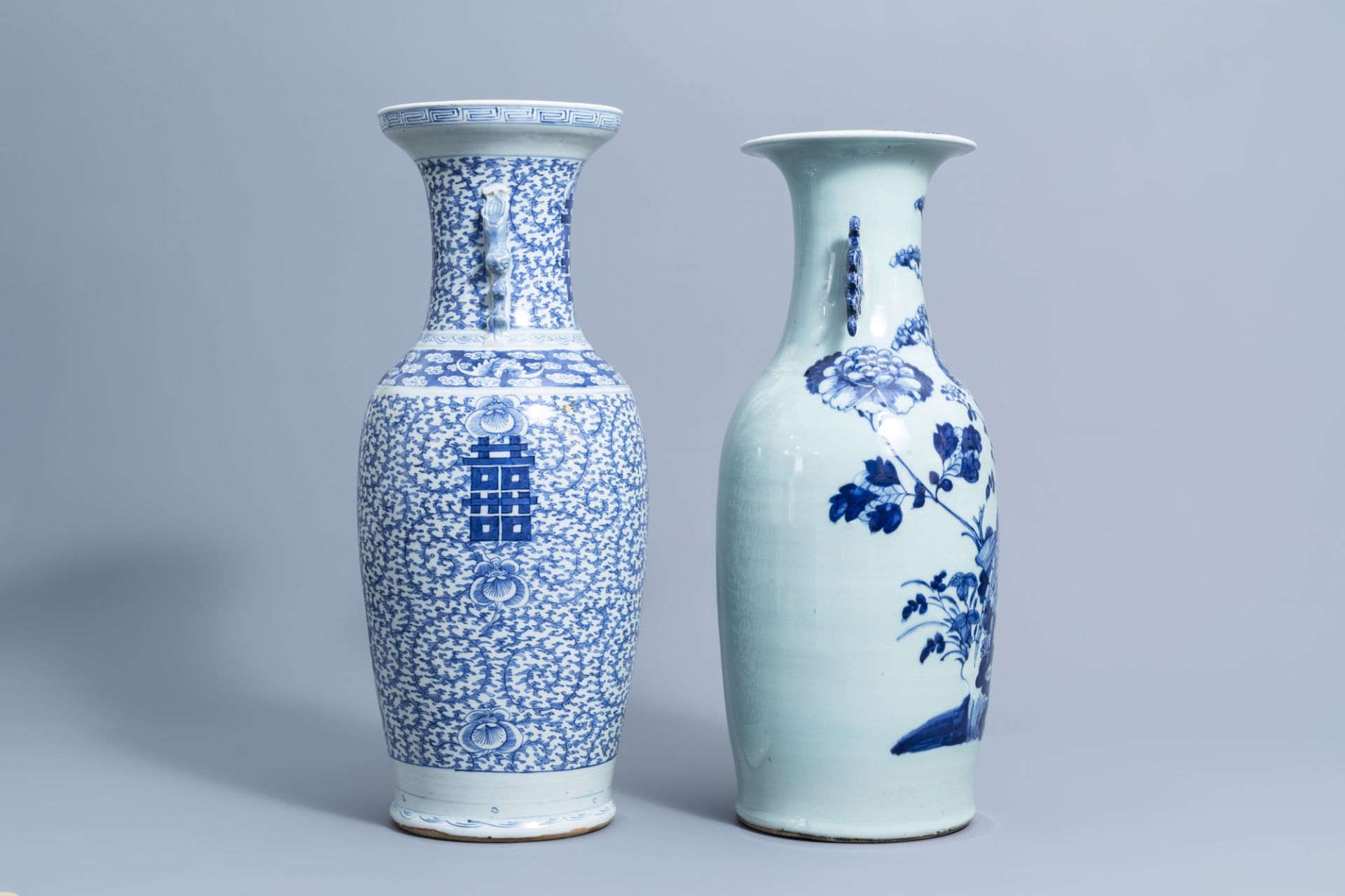 A Chinese blue and white celadon vase with birds & a blue and white 'Shou' vase, 19th/20th C. - Image 2 of 6