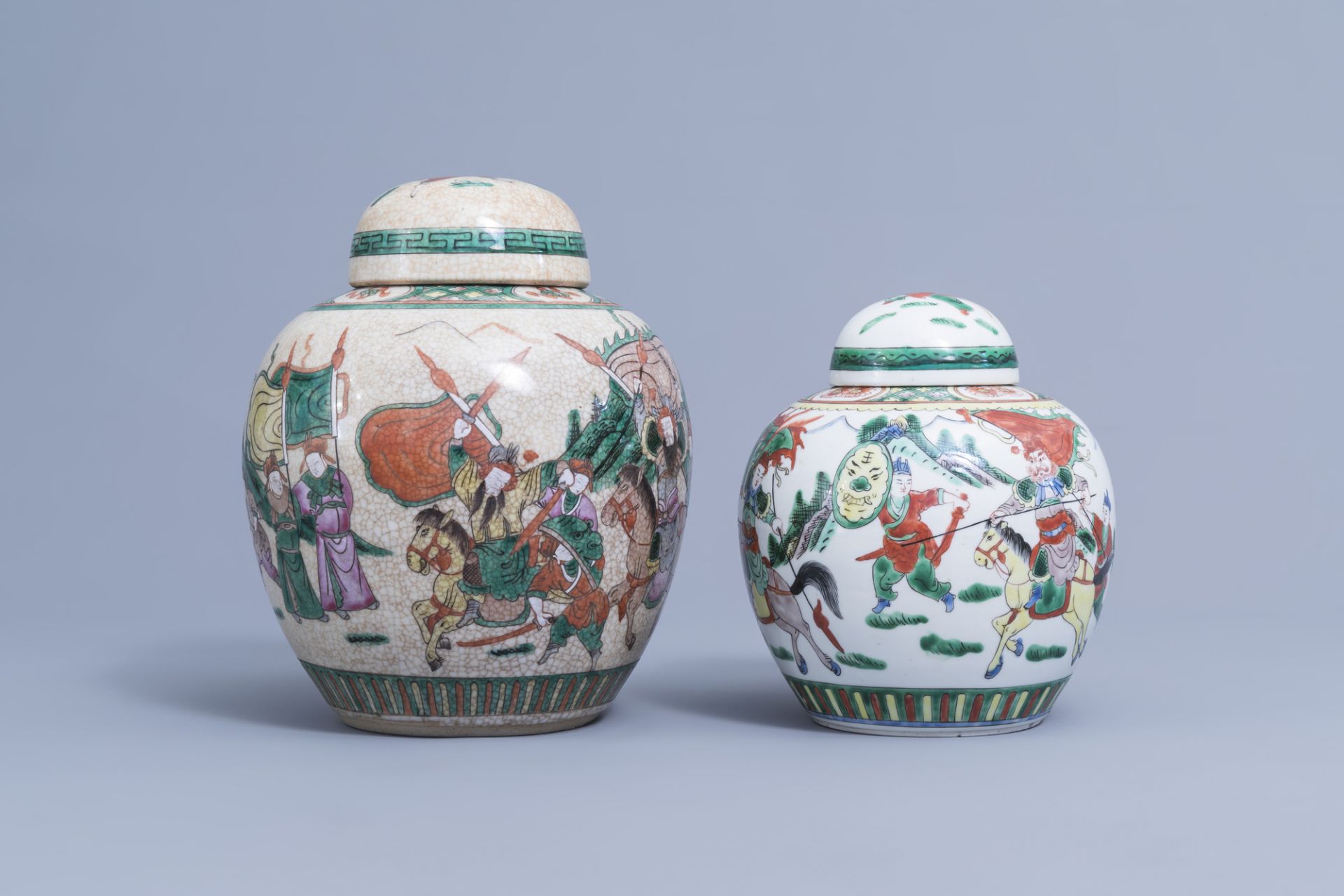 A Chinese bottle shaped Nanking crackle famille verte vase and two warrior jars, 19th/20th C. - Image 2 of 15