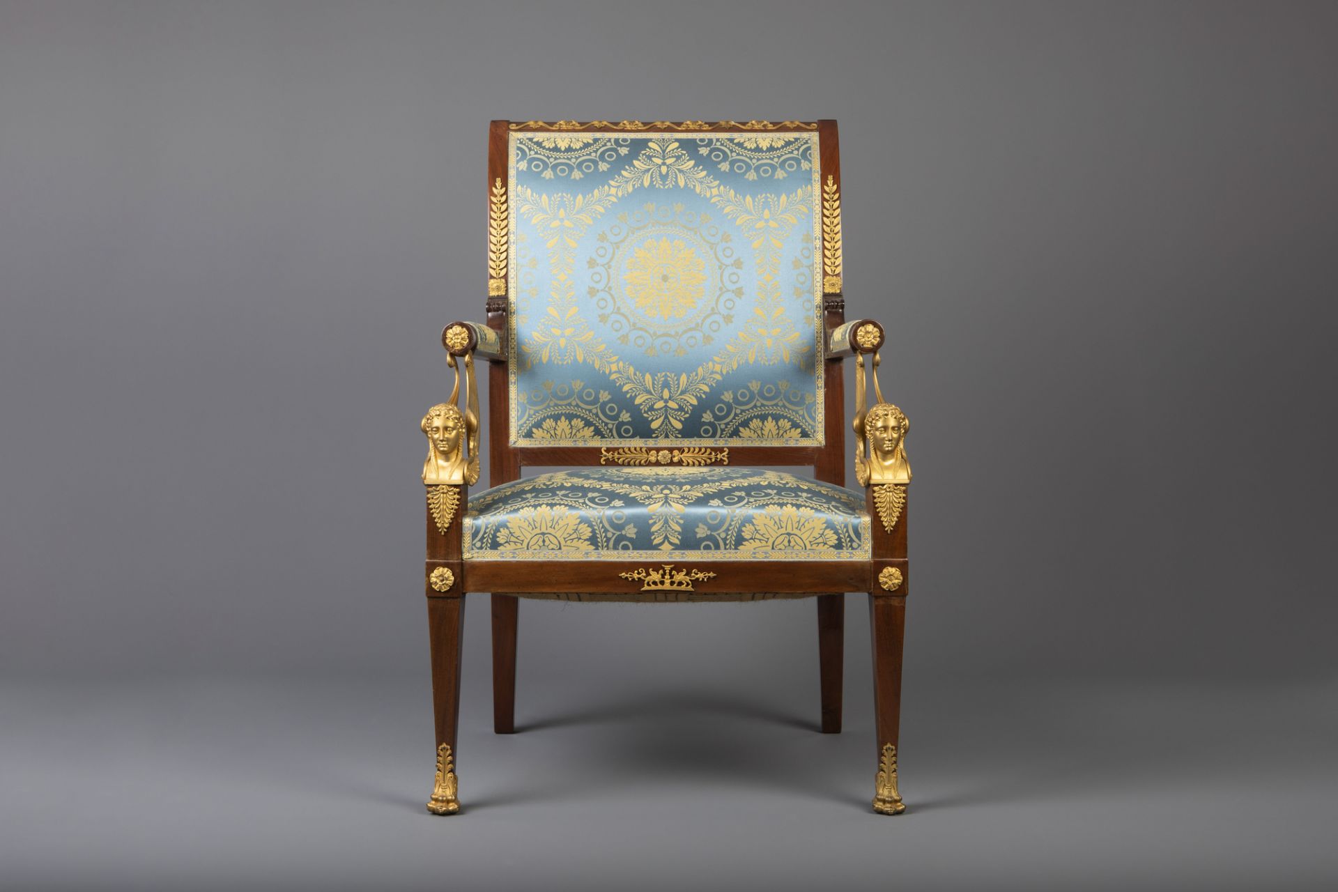 An imposing Empire style gilt bronze mounted mahogany and upholstered seven-piece salon set, France, - Image 17 of 34