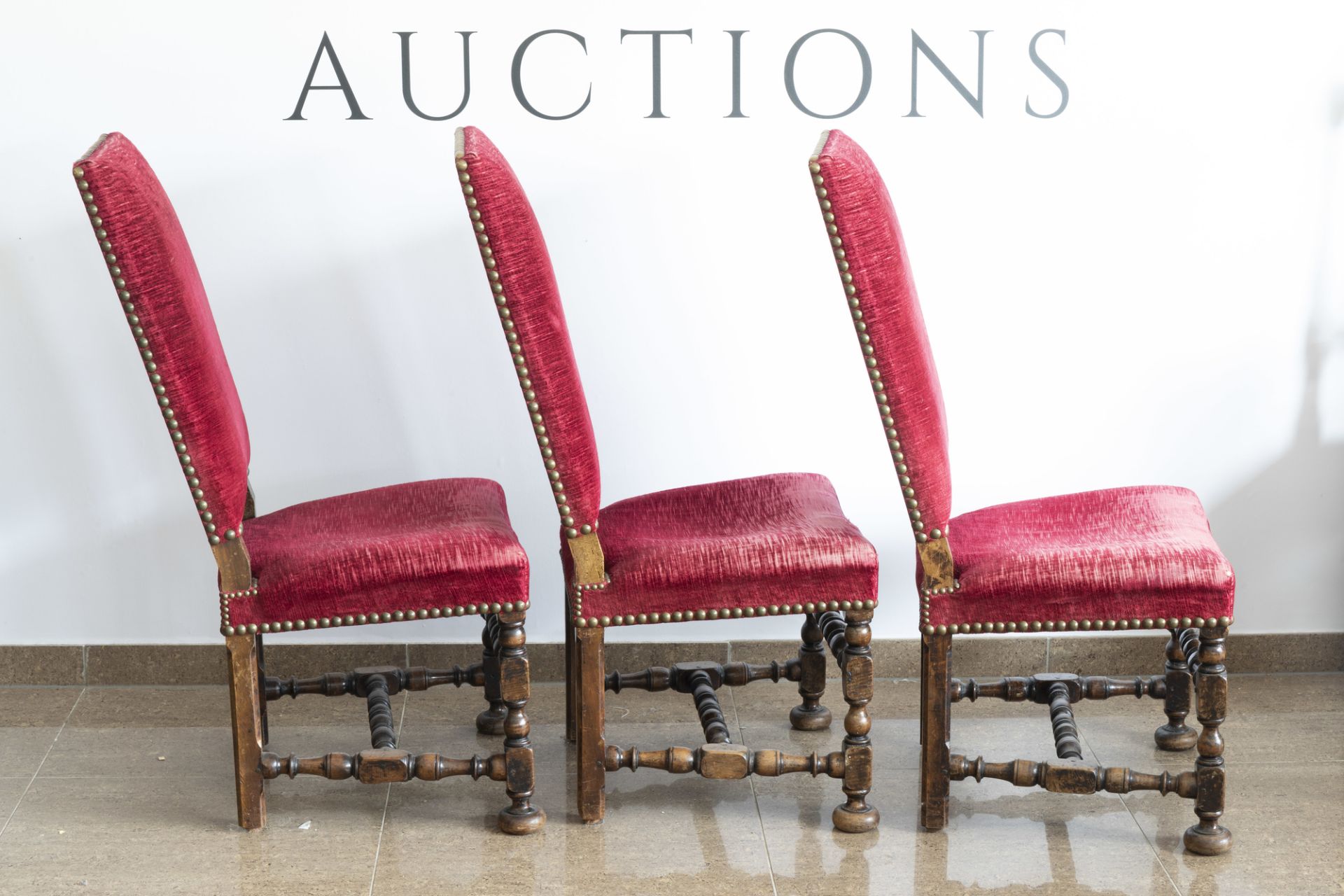 Six Dutch wooden chairs with red velvet upholstery, mainly 19th C. - Image 3 of 13