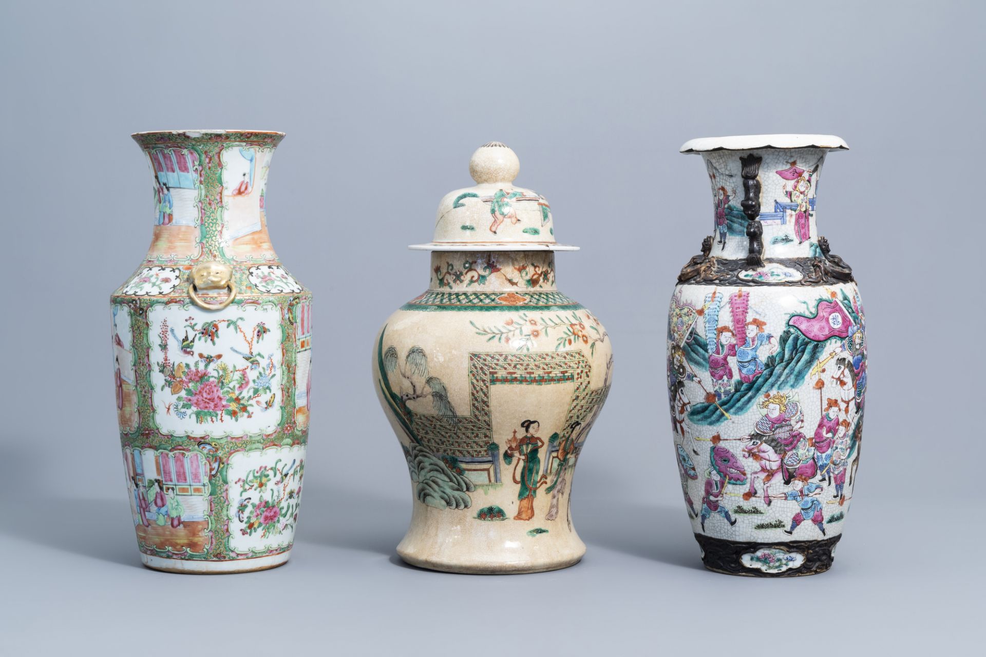 Three various Chinese Canton and Nanking crackle glazed famille rose and verte vases, 19th C. - Image 2 of 8