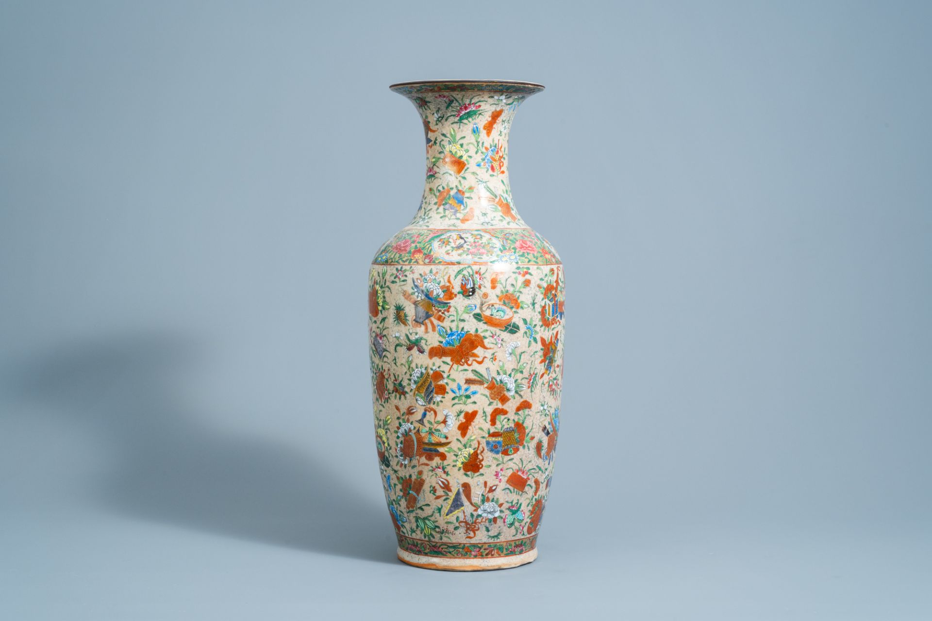 A Chinese Nanking crackle glazed famille rose 'antiquities' vase, 19th C.