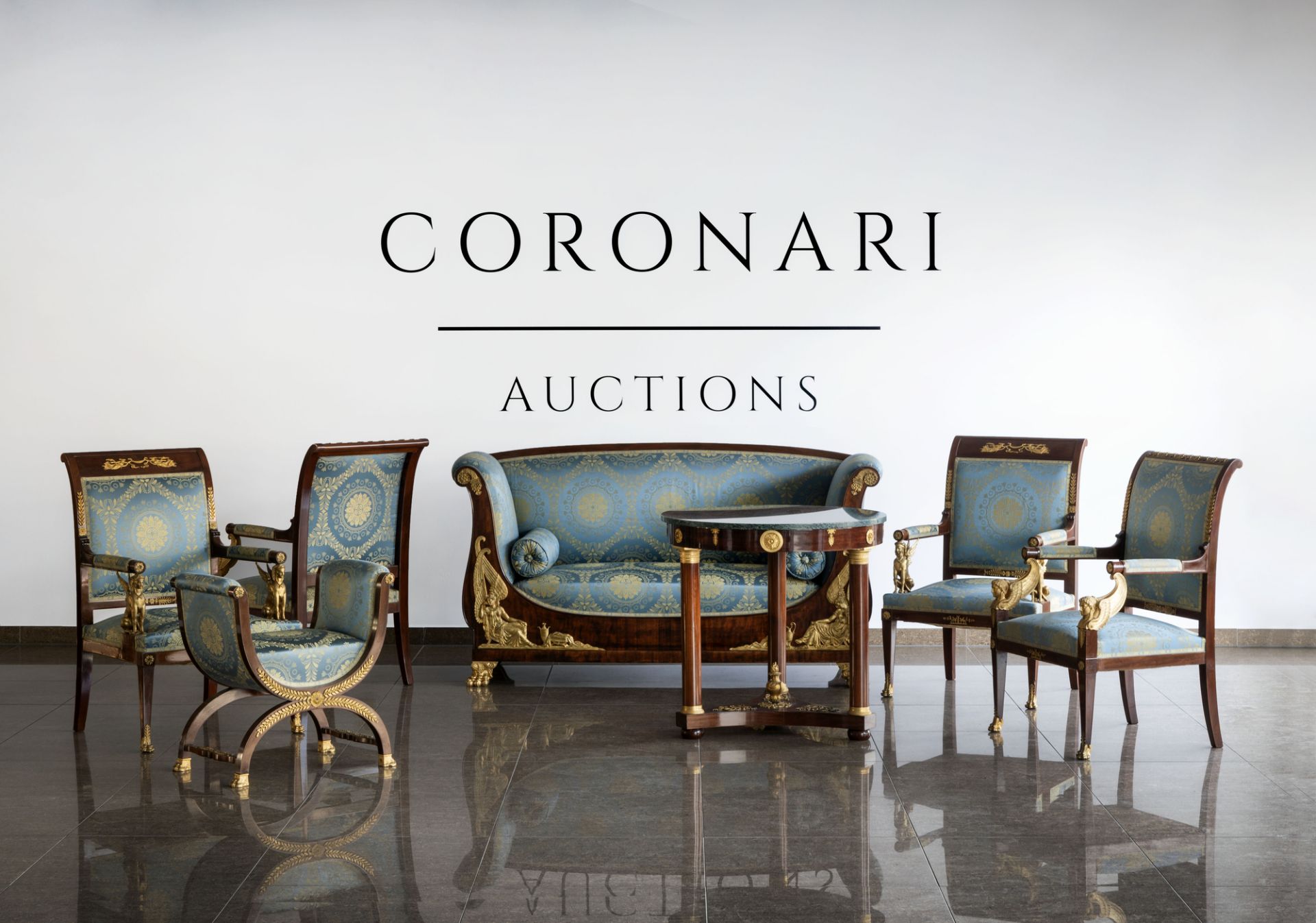 An imposing Empire style gilt bronze mounted mahogany and upholstered seven-piece salon set, France,