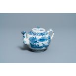 A Chinese blue and white teapot and cover with figures in a landscape, 19th C.