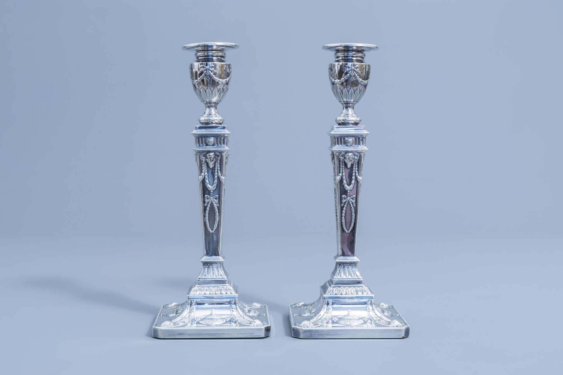 A pair of Victorian silver plated candlesticks in the style of Robert Adam, James Pinder & Co, Sheff - Image 3 of 8