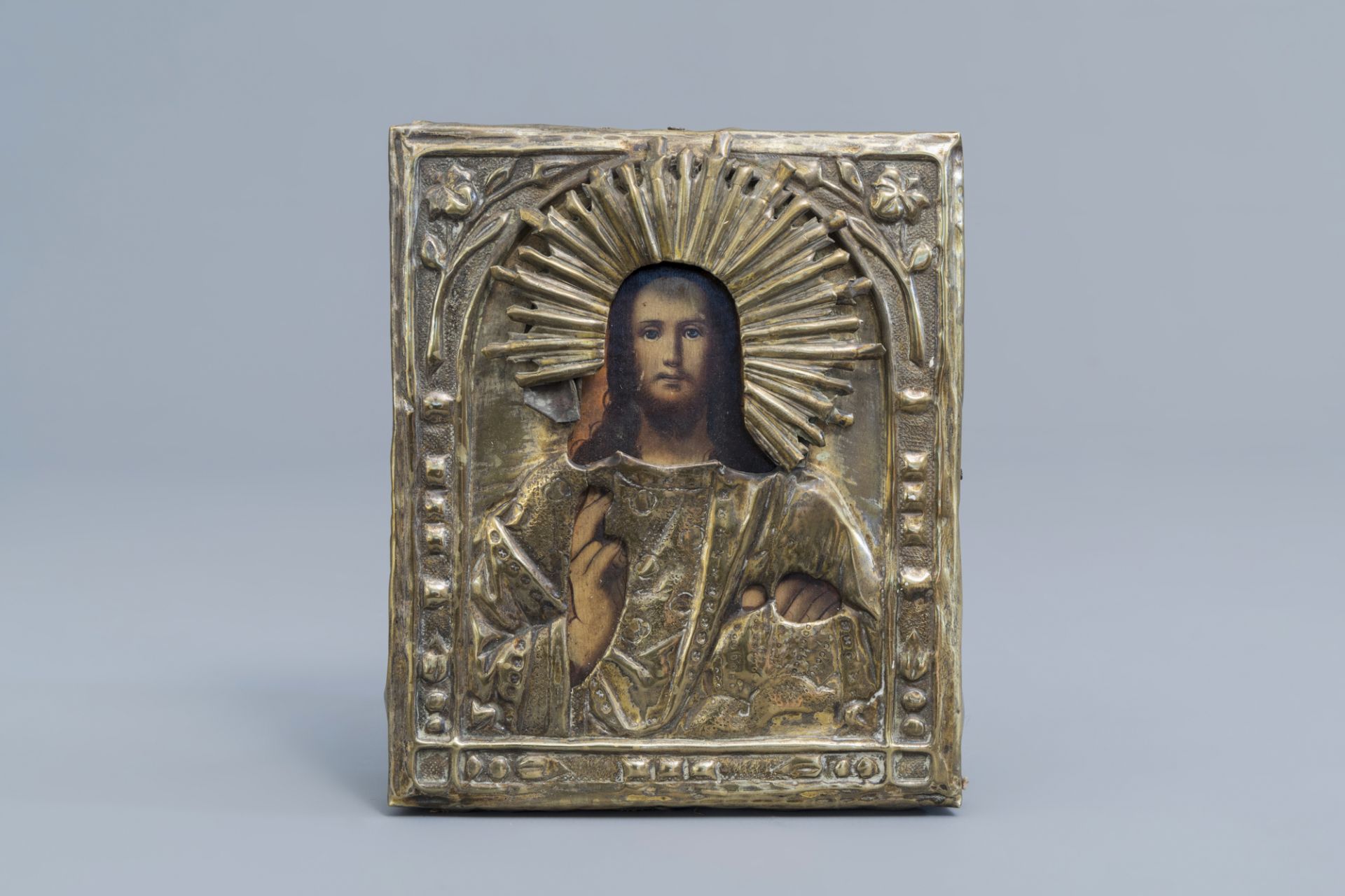 Two Russian icons with copper oklad or riza and two travel icons, 19th/20th C. - Image 5 of 18