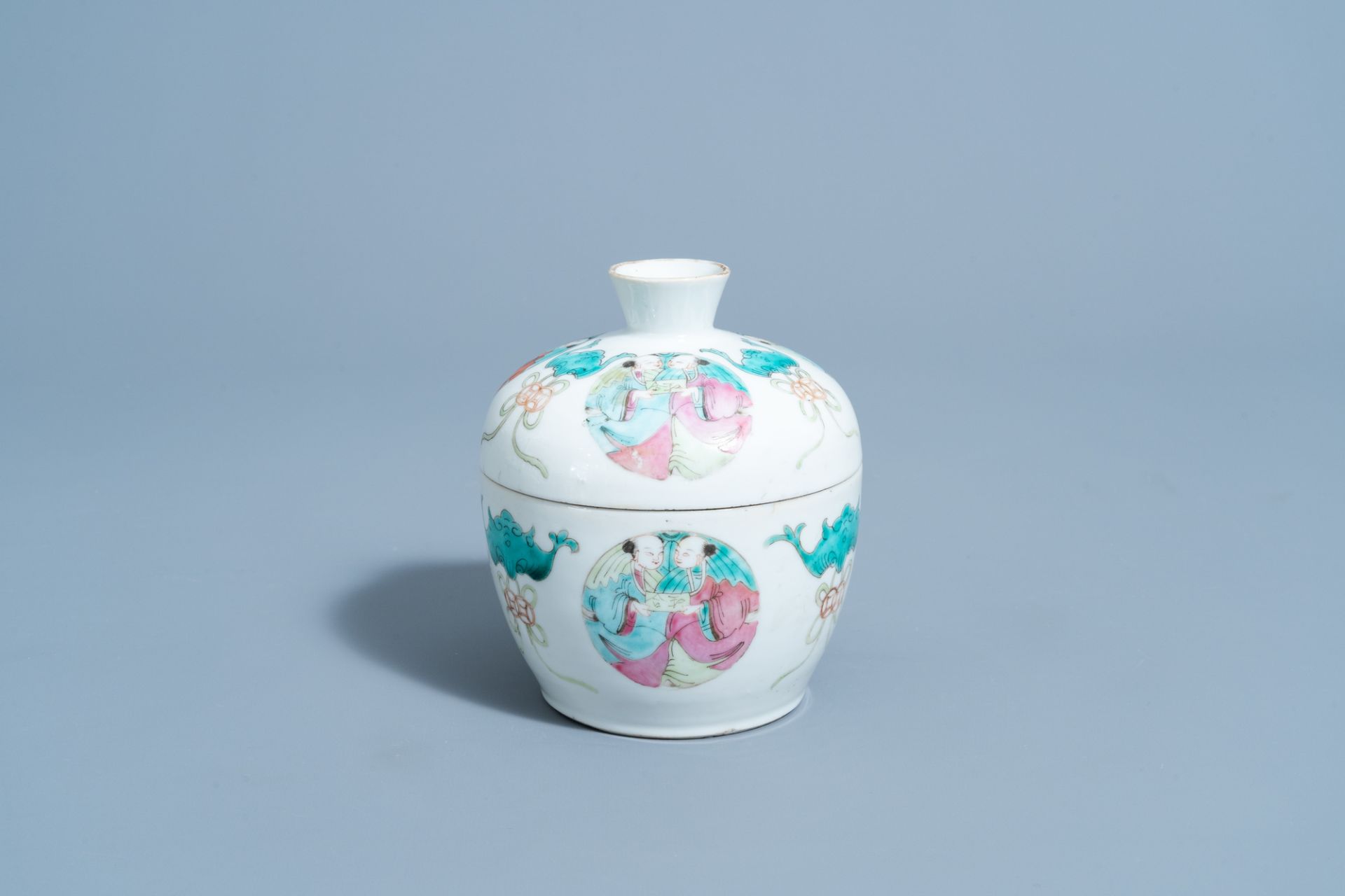A Chinese famille rose bowl and cover with auspicious symbols & figures, Tongzhi mark & period
