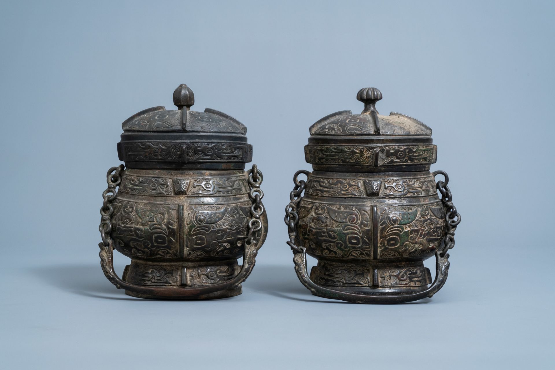 Two Chinese bronze ritual wine vessels, 'you', Ming - Image 3 of 6