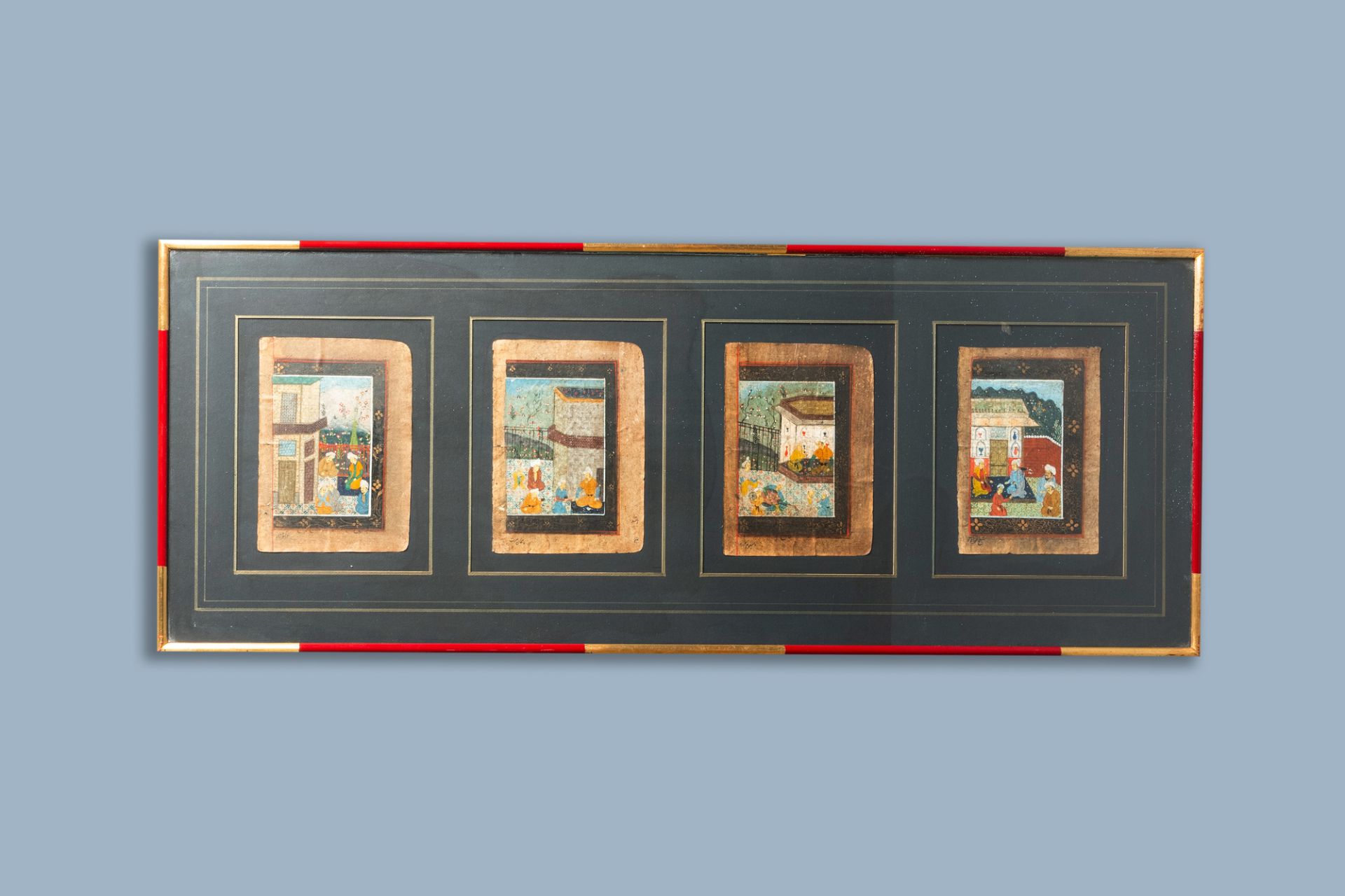 Four framed Persian narrative miniatures on paper, India, 19th C.