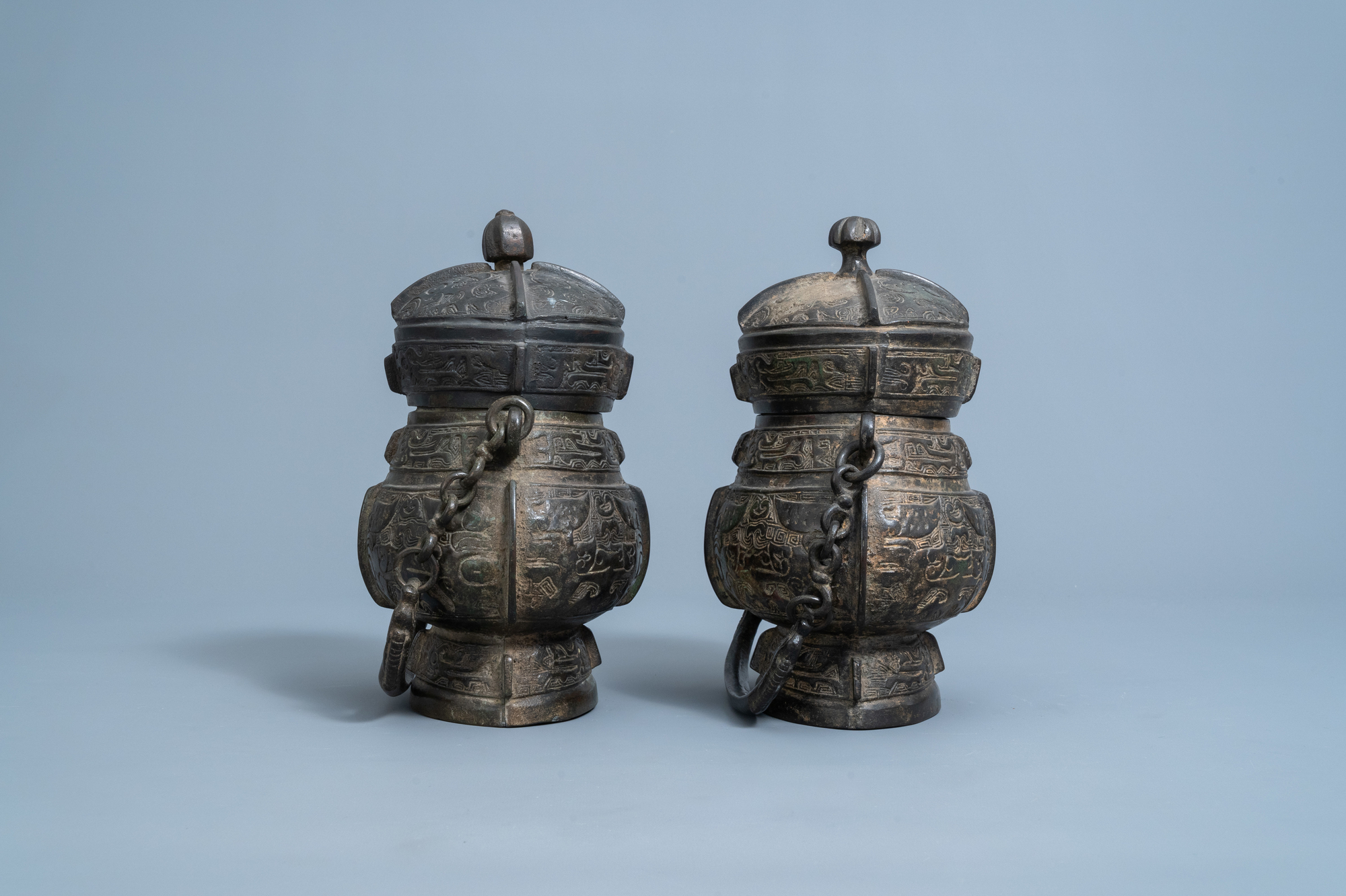 Two Chinese bronze ritual wine vessels, 'you', Ming - Image 4 of 6