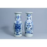 Two Chinese blue and white celadon ground vases with antiquities and phoenixes, 19th/20th C.