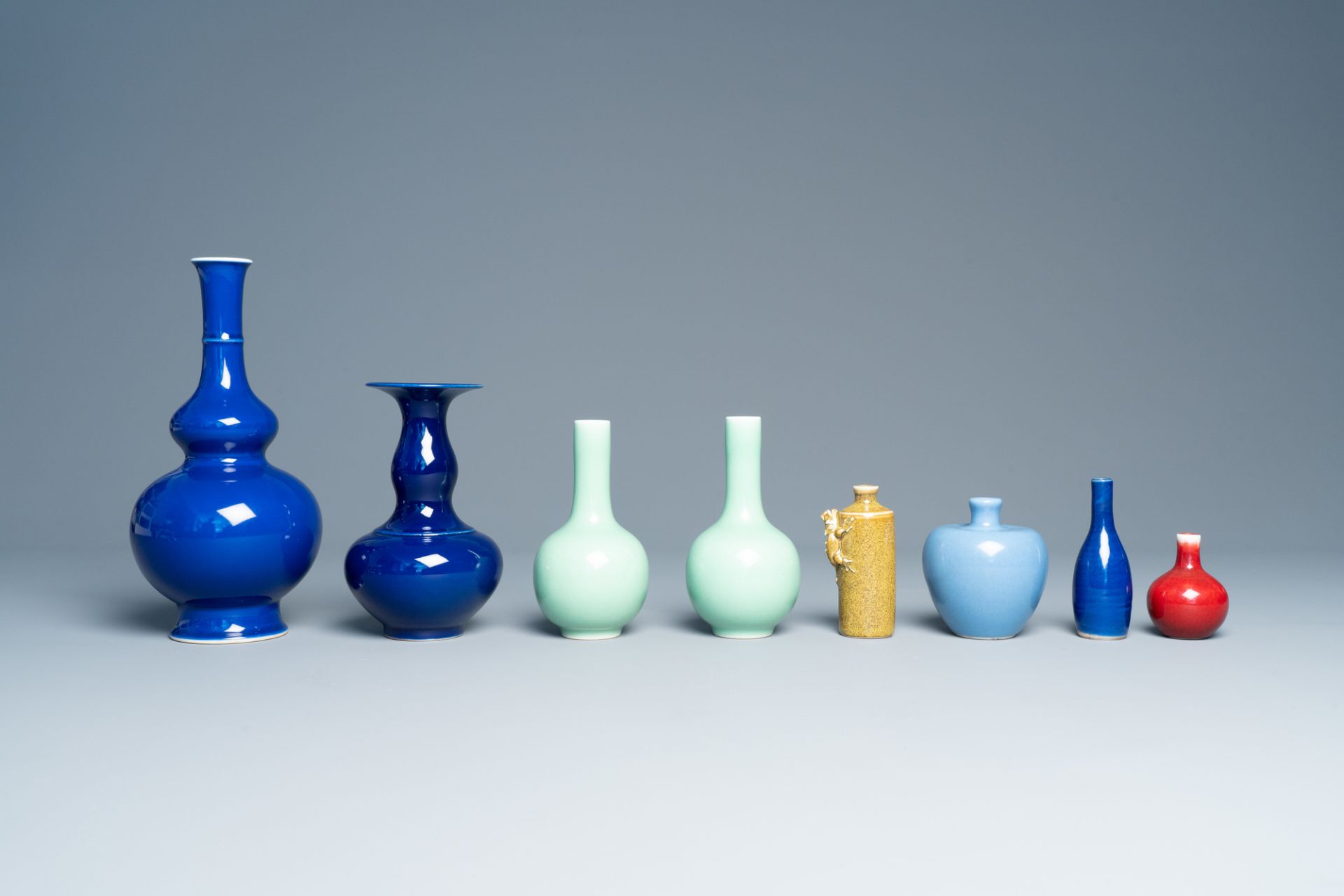 Seven various Chinese monochrome vases and a snuff bottle with relief design, 20th C. - Image 3 of 7