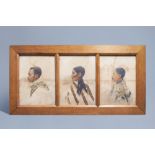 Three portrait studies, watercolour and pencil on silk, 19th/20th C.