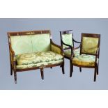 A French gilt bronze mounted mahogany and upholstered Restauration style three-piece salon set, 19th