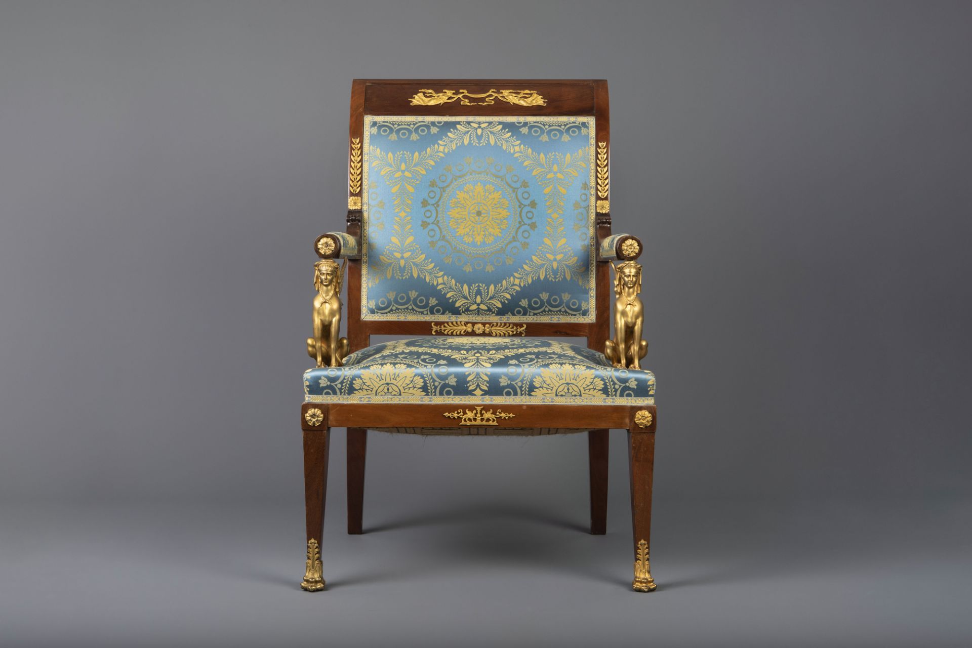 An imposing Empire style gilt bronze mounted mahogany and upholstered seven-piece salon set, France, - Image 10 of 34