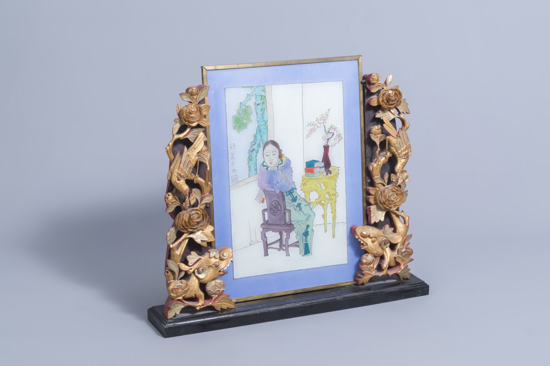 A Chinese painted glass window with a lady in an interior mounted in a wooden table screen, 19th/20t - Image 2 of 9