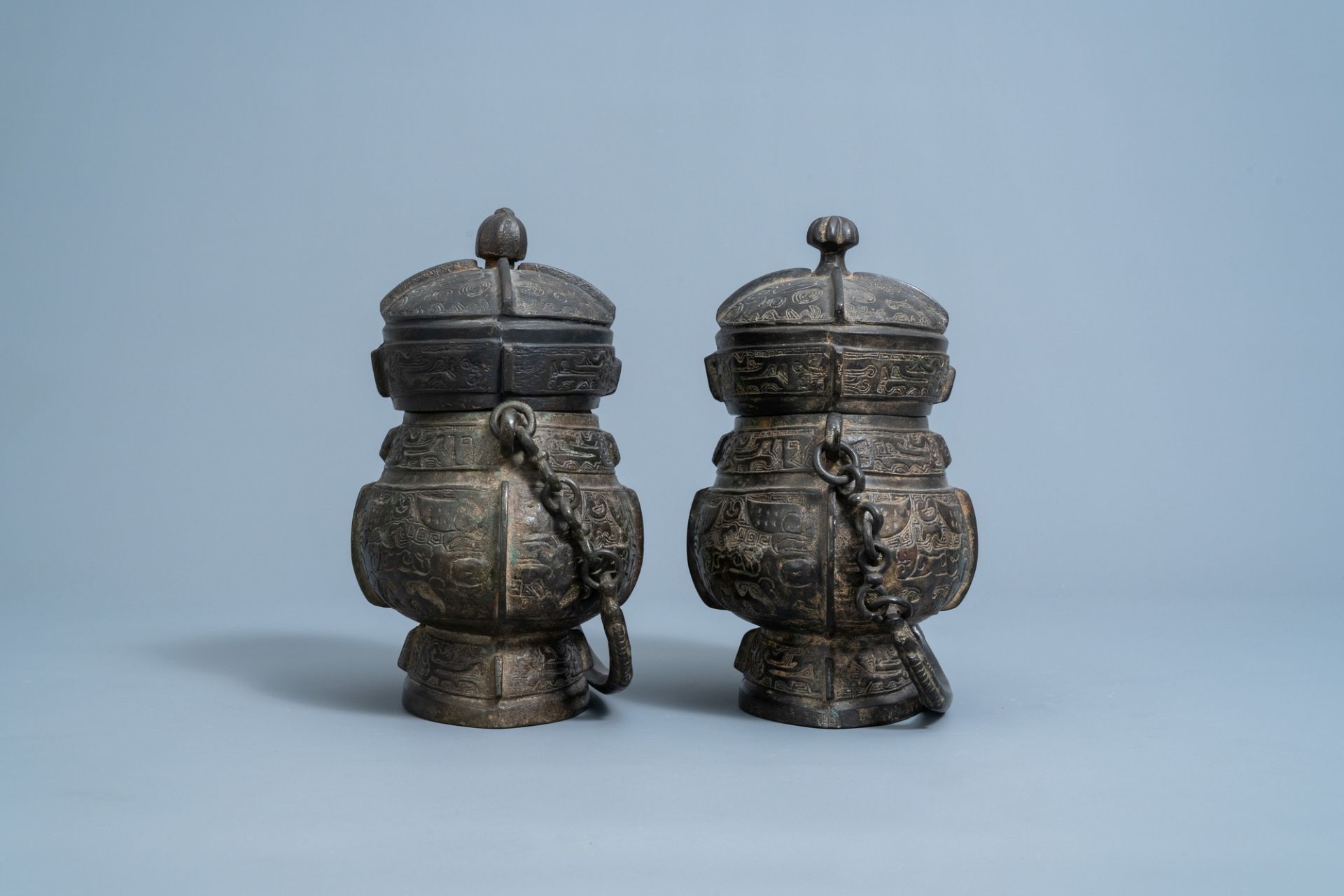 Two Chinese bronze ritual wine vessels, 'you', Ming - Image 2 of 6