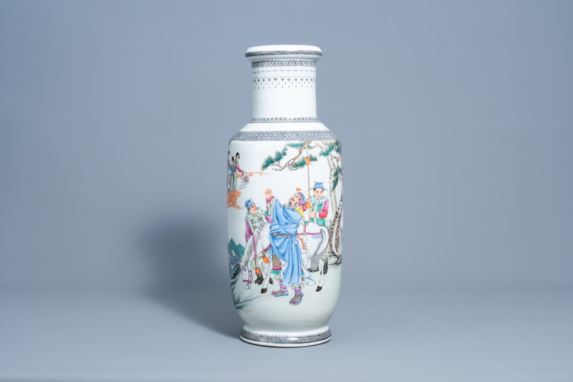 A Chinese famille rose vase with figures in a landscape, Qianlong mark, Republic, 20th C. - Image 2 of 7