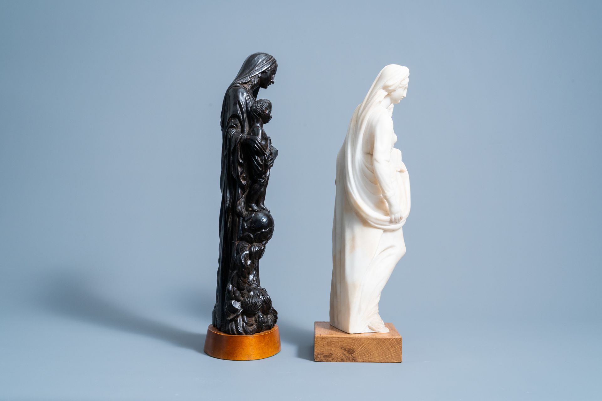 Two Virgin and Child groups in wood and alabaster, one signed K. Van Zundert, 19th/20th C. - Image 4 of 6