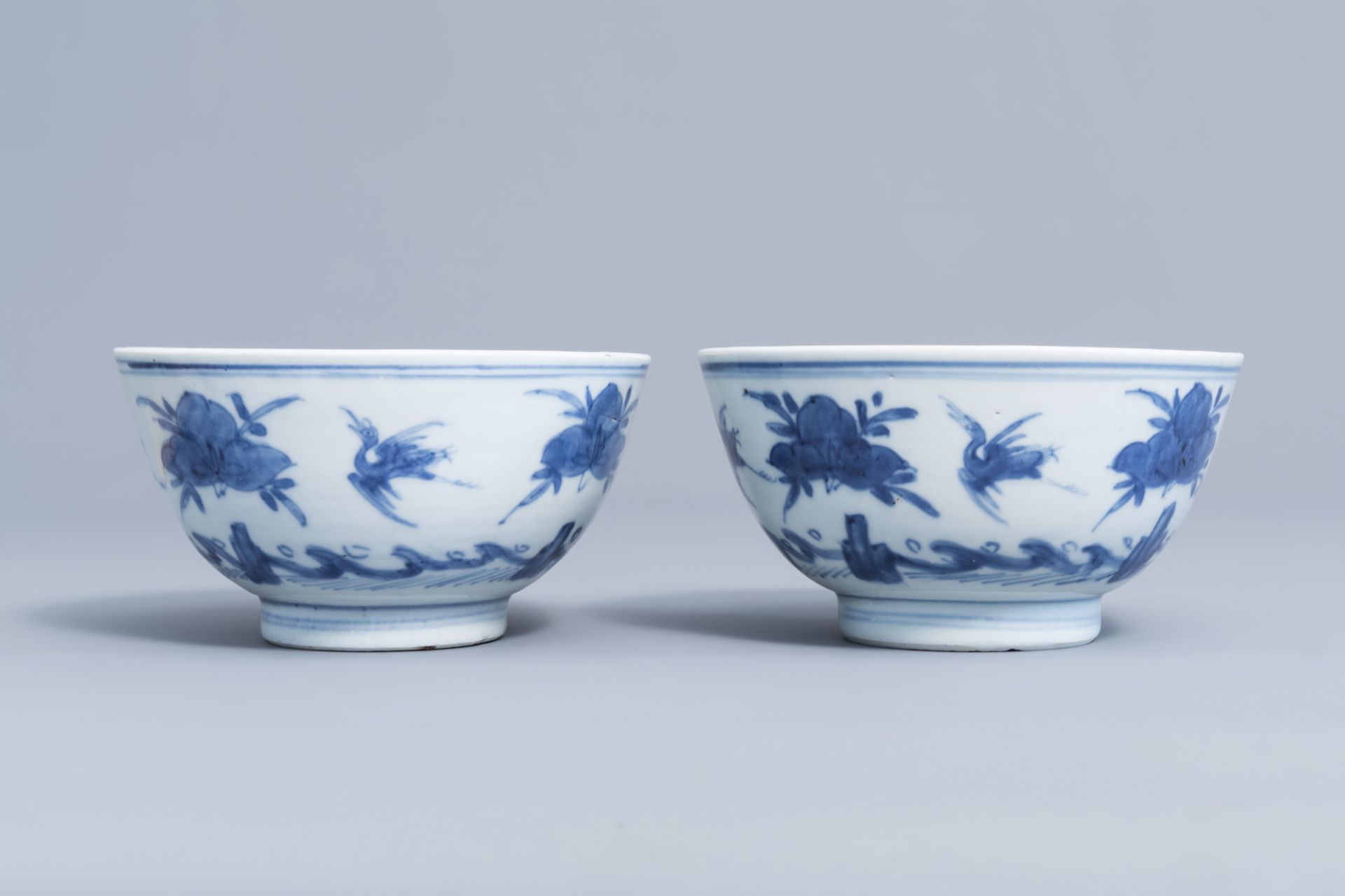 Two Chinese blue and white bowls with cranes and peaches, Ming - Image 2 of 7