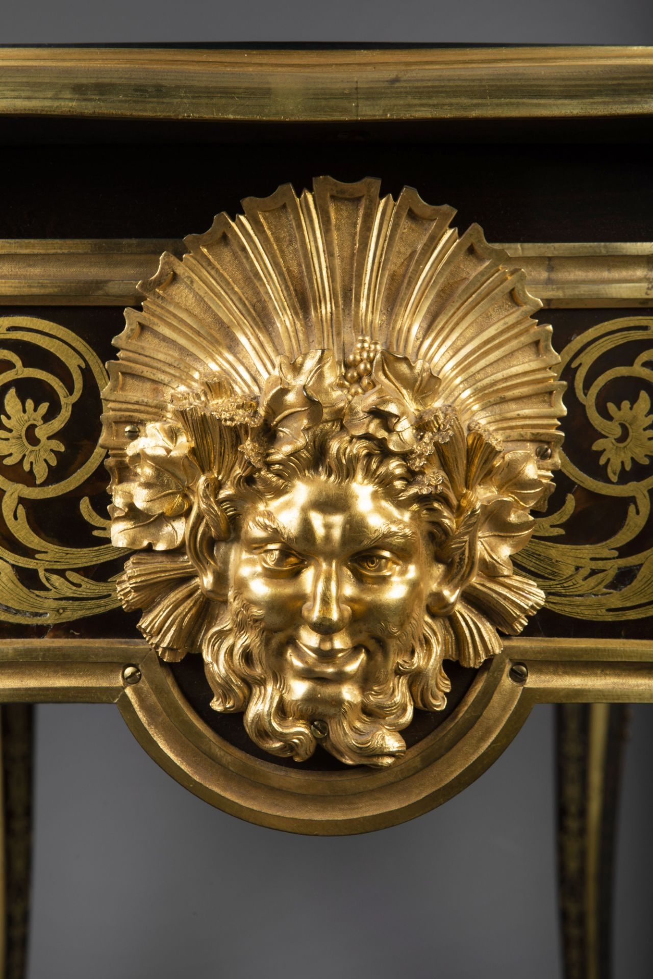 An impressive French gilt bronze mounted brass and tortoiseshell inlaid ebonized bureau plat, Befort - Image 9 of 15