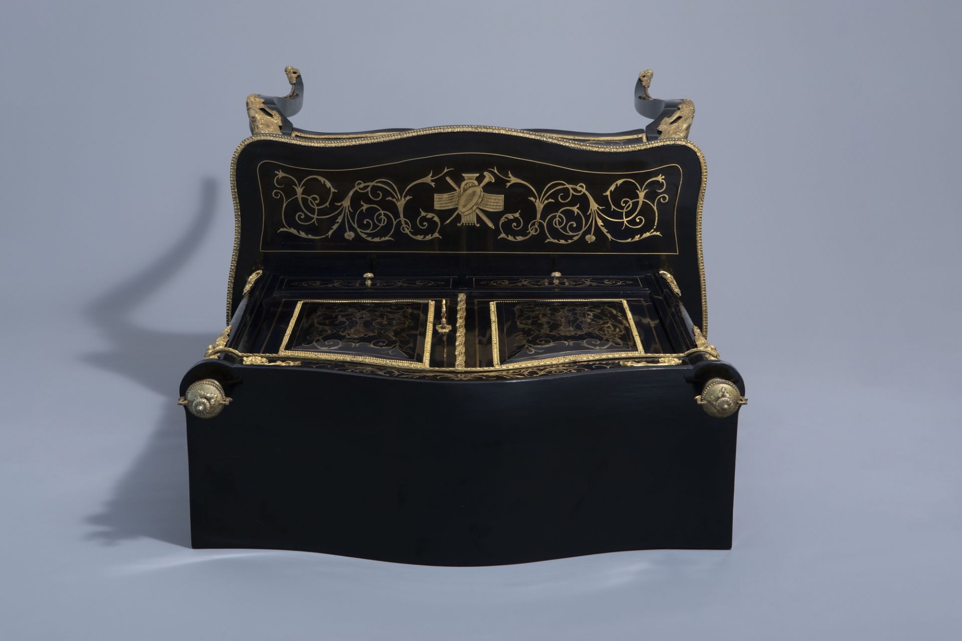 A French ebonised wooden brass inlaid and gilt bronze mounted bonheur du jour, Napoleon III, 19th/20 - Image 5 of 23