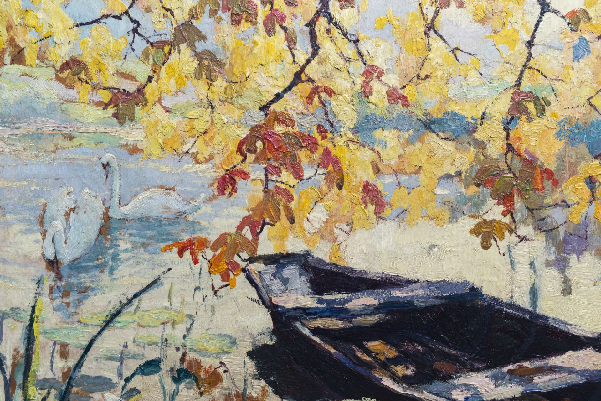 Jean Stevan (1896-1962): Sunlit riverbank with a sloop, oil on board - Image 5 of 5