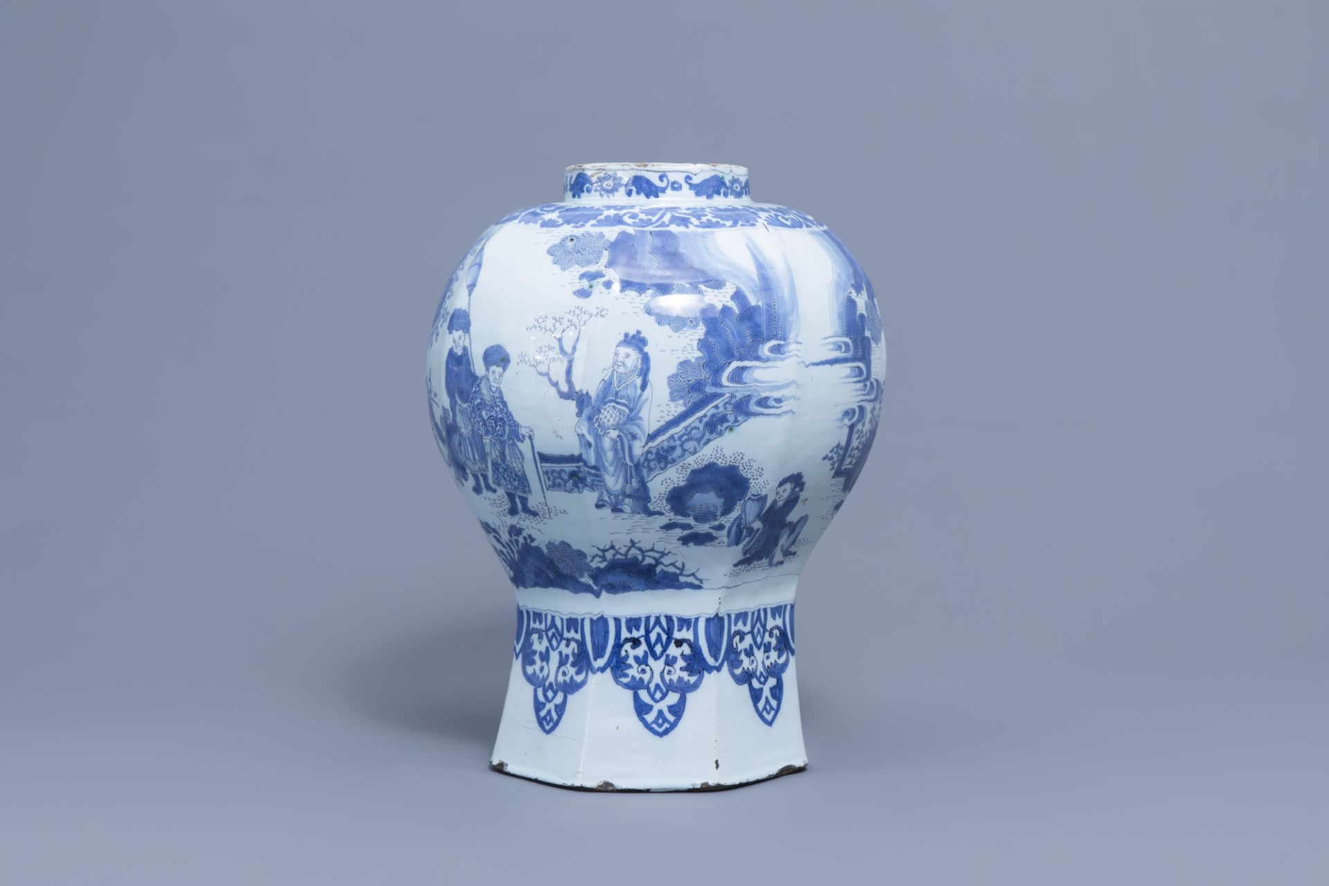 A large Dutch Delft blue and white 'chinoiserie' baluster vase, 17th C. - Image 3 of 6