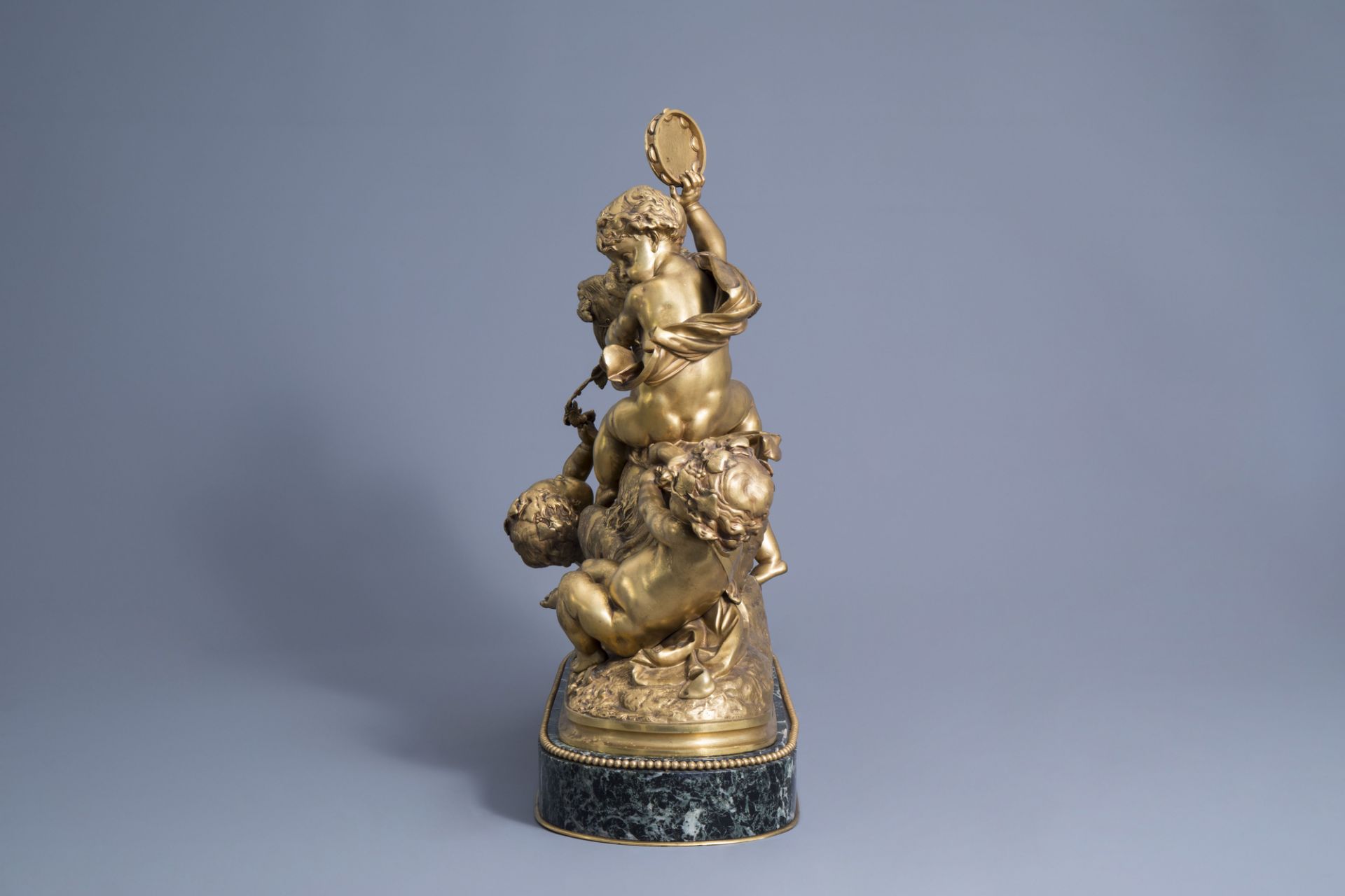 Albert-Ernest Carrier-Belleuse (1824-1887): Four putti making merry, gilt bronze on a vert de mer ma - Image 5 of 8